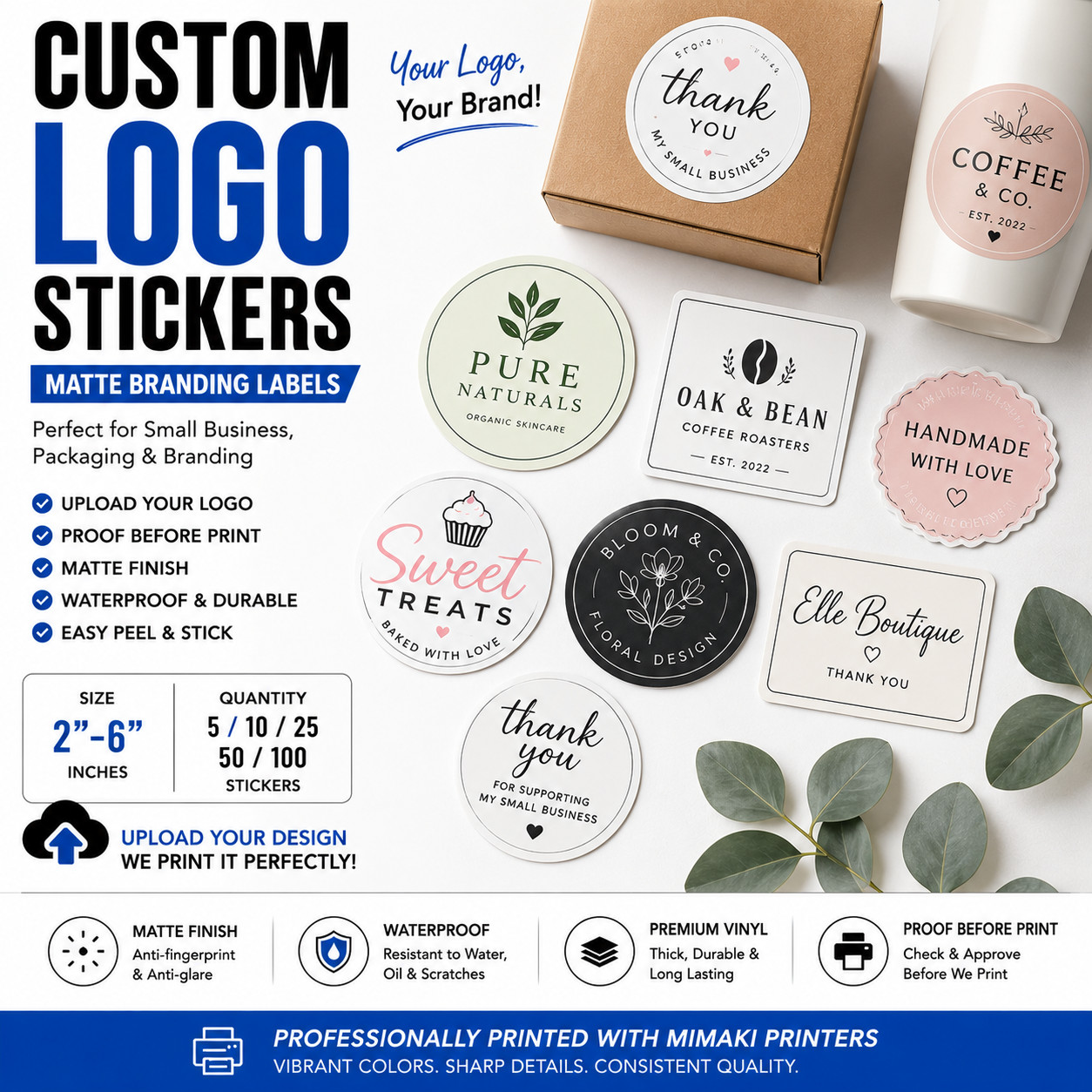 Custom Logo Stickers Matte Vinyl Labels Business Branding Decals 1-6" Bulk