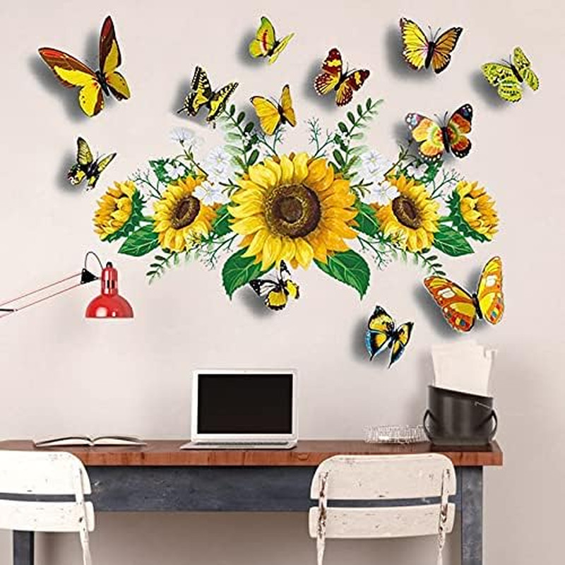 Sunflower Wall Stickers 3D Butterfly Yellow Floral Removable Waterproof Decor