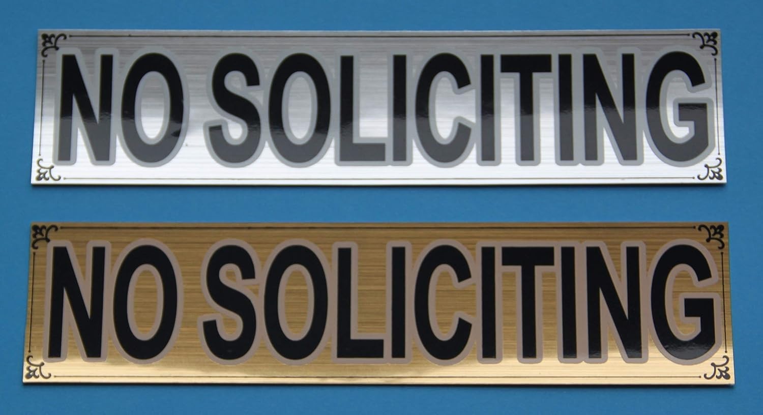 2X Brushed Silver + Gold NO Soliciting Sign Sticker, Back Glue foil Paper