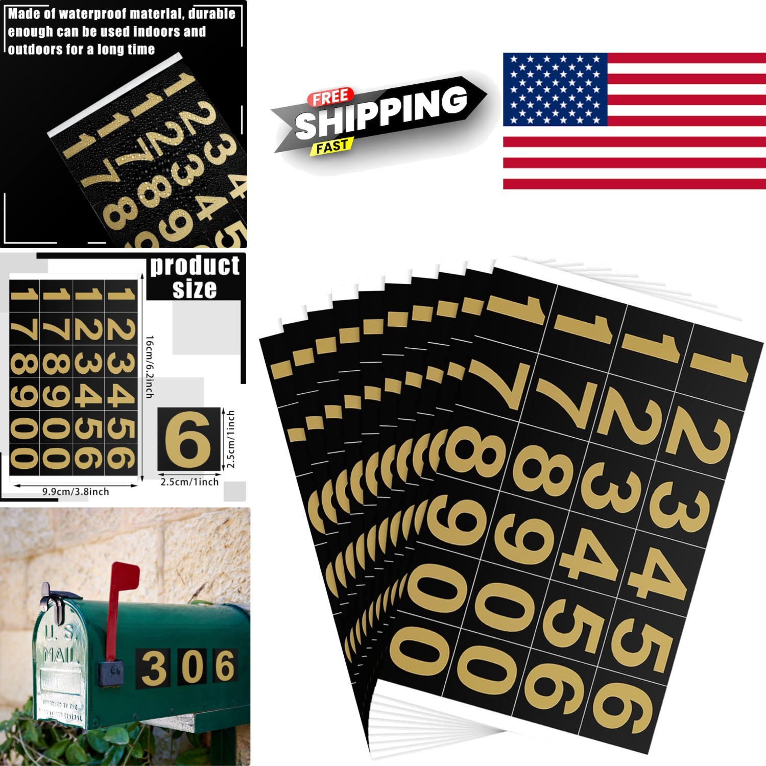 Gold on Black Waterproof Number Stickers 1 Inch for Various Indoor Outdoor Uses