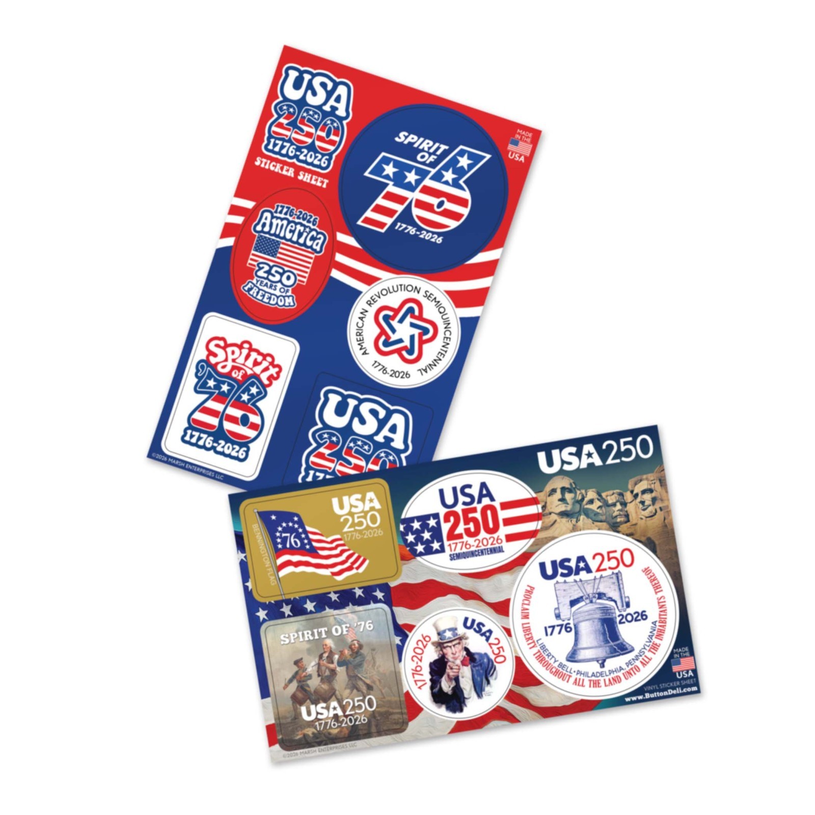 2 Die Cut Sticker Sheets – USA 250 1776-2026 Spirit of 76 Decals