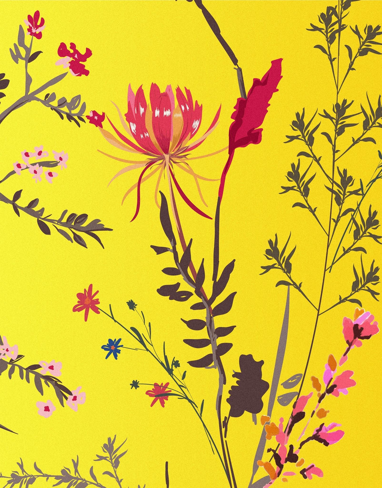 Botanical Flower Garden With Yellow Orange Background Wall Mural. Blossom Flower
