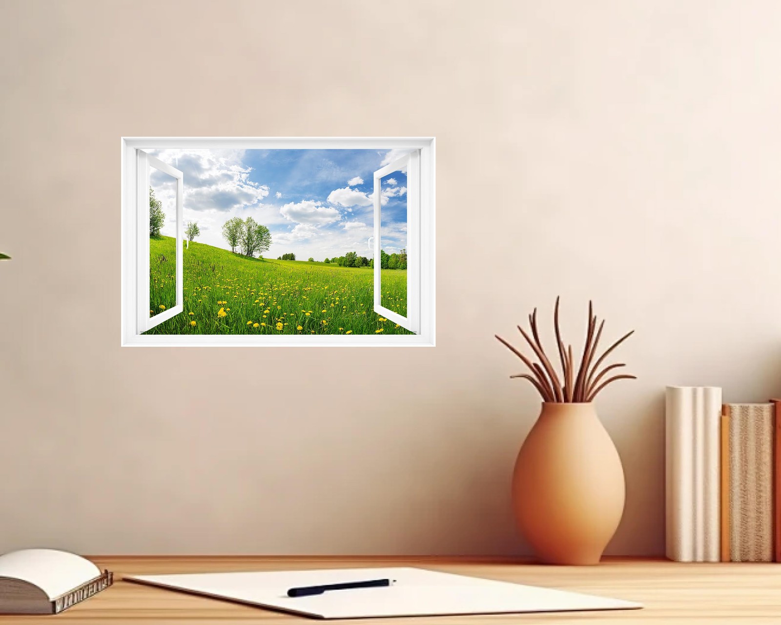 Fake Window Wall Decal – Spring Meadow View Faux Window Wall Mural for Home D…