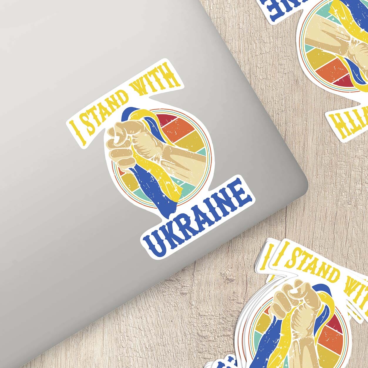 I Stand with Ukraine – Raised Fist Holding Ukrainian Flag Sticker