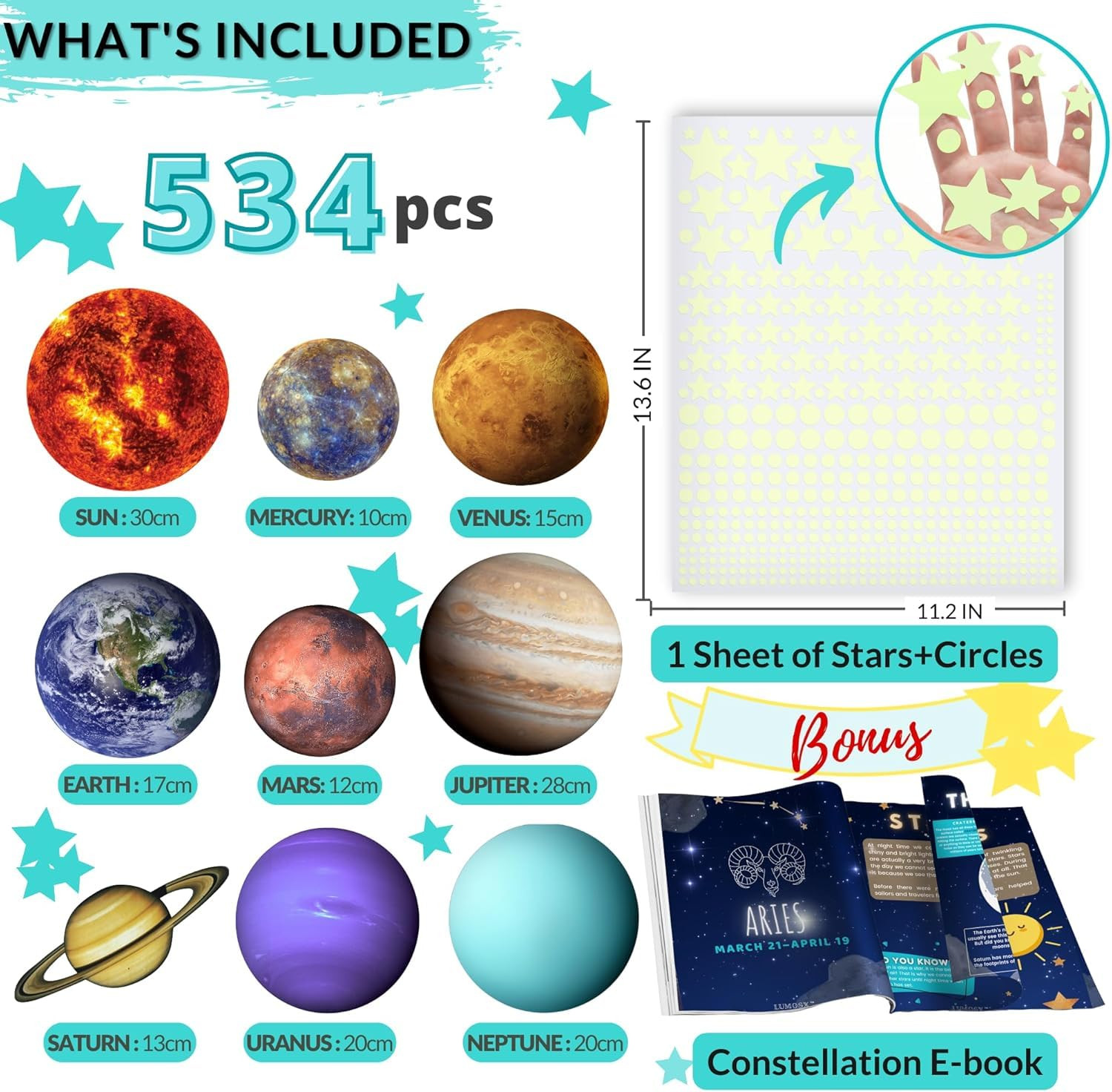 Glow in the Dark Stars and Planets – 534 Pcs Solar System Wall Decals