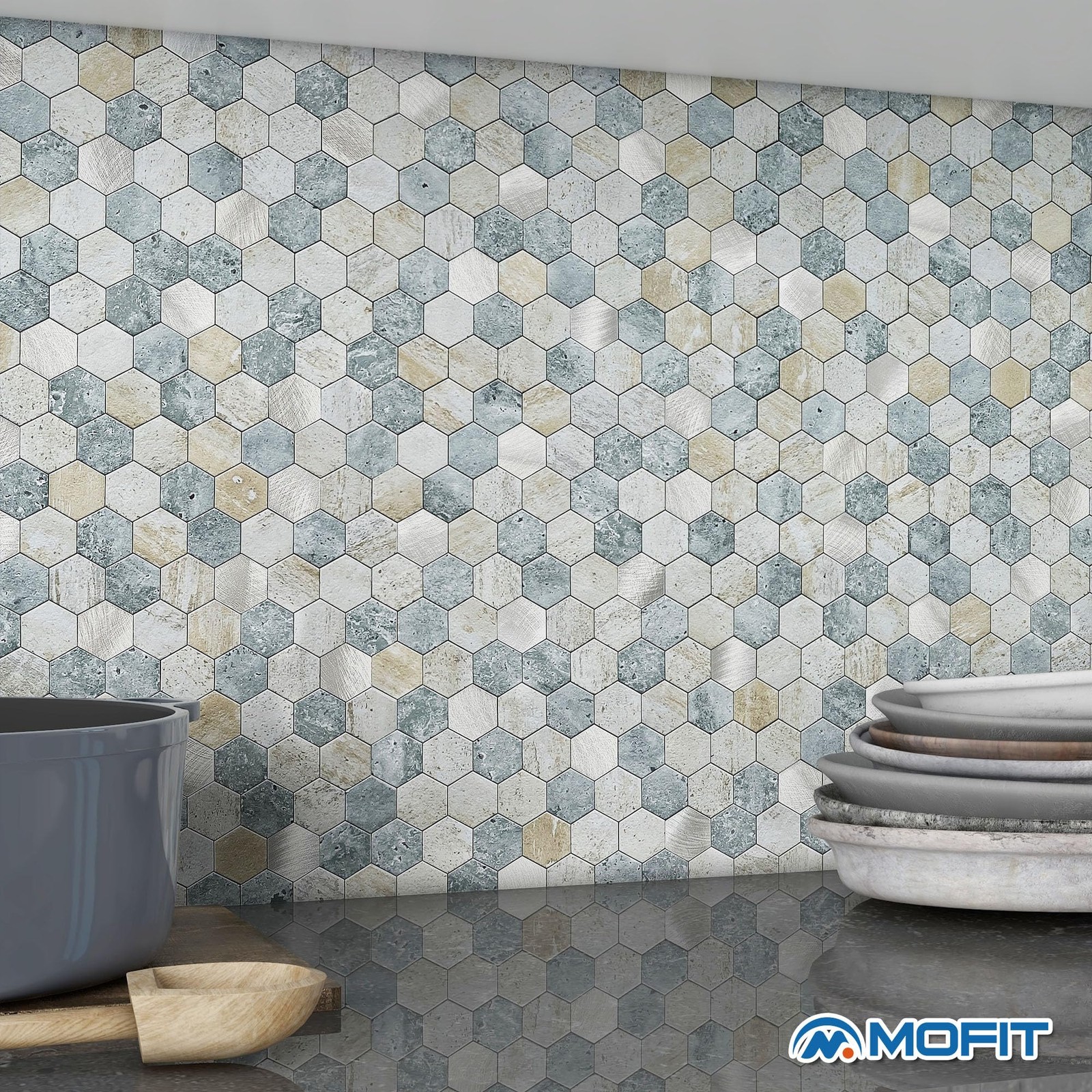MOFIT Hexagon Peel and Stick Backsplash Tiles Kitchen,Self-Adhesive Metal and…