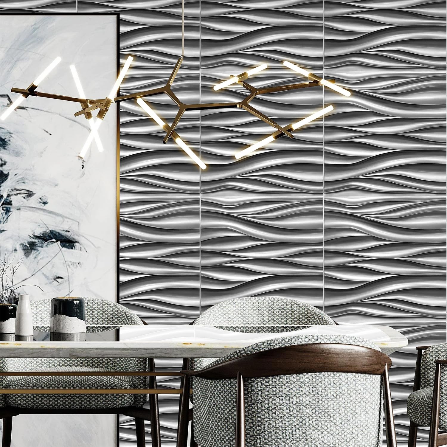 3D Wall Panels, Brushed Silver Decorative Wall Covering Panels, Wave Wall Pan…