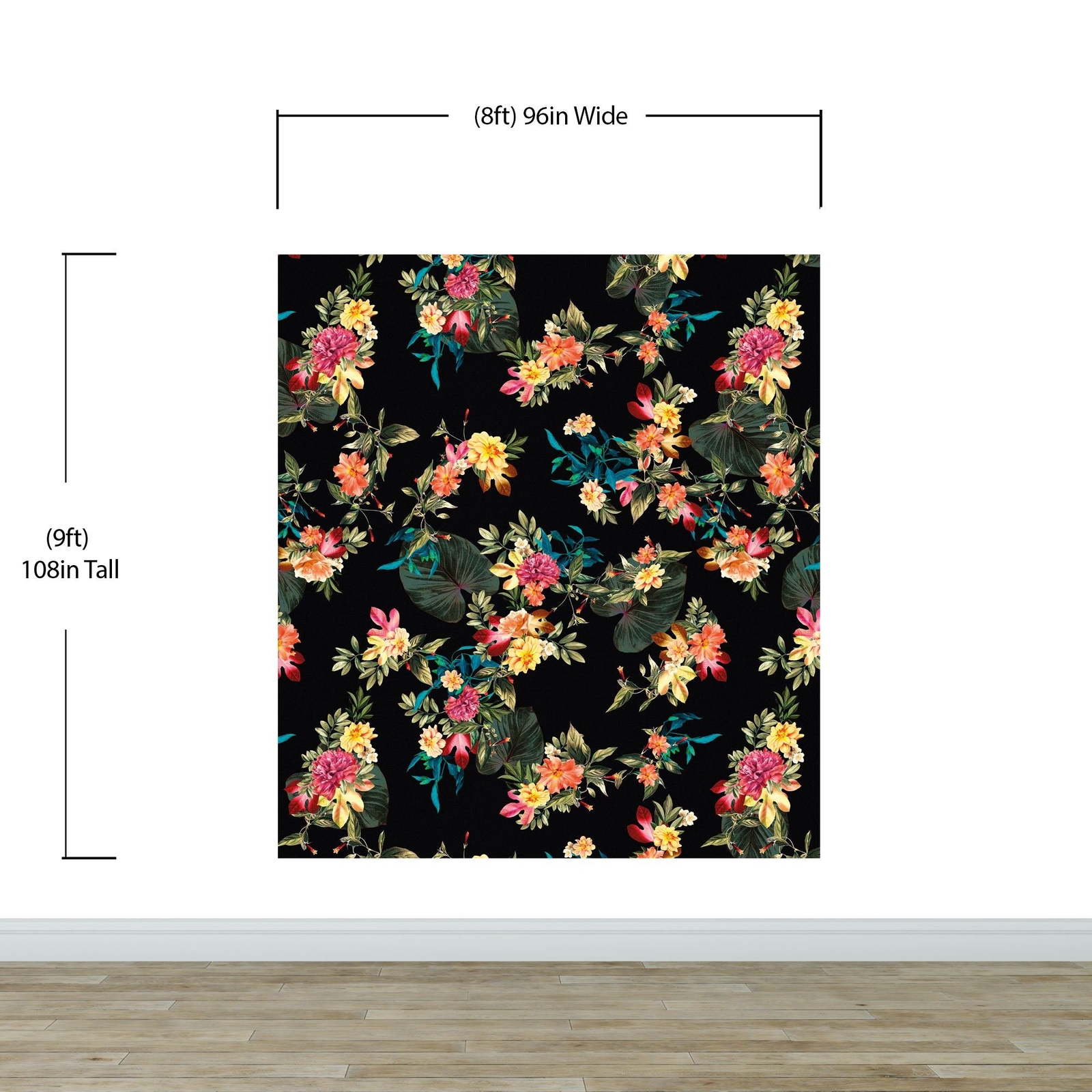 Tropical Flower Wall Mural. Paradise Botanical Flowers and Leave Black Backgroun