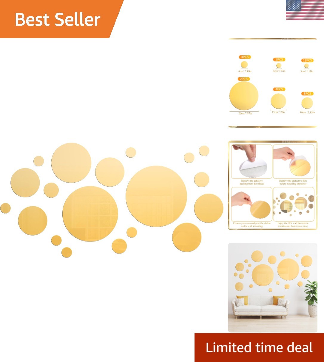 32 Pieces Mirror Wall Stickers Removable Acrylic Setting Adhesive Round Circl…