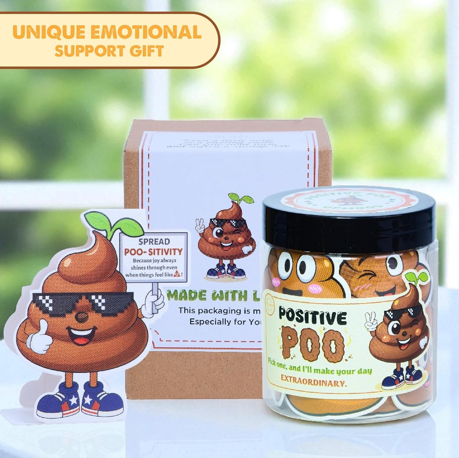 Positive Poo Jar with 60 Funny Stickers & Standee – Great Gag Gift for Coworkers