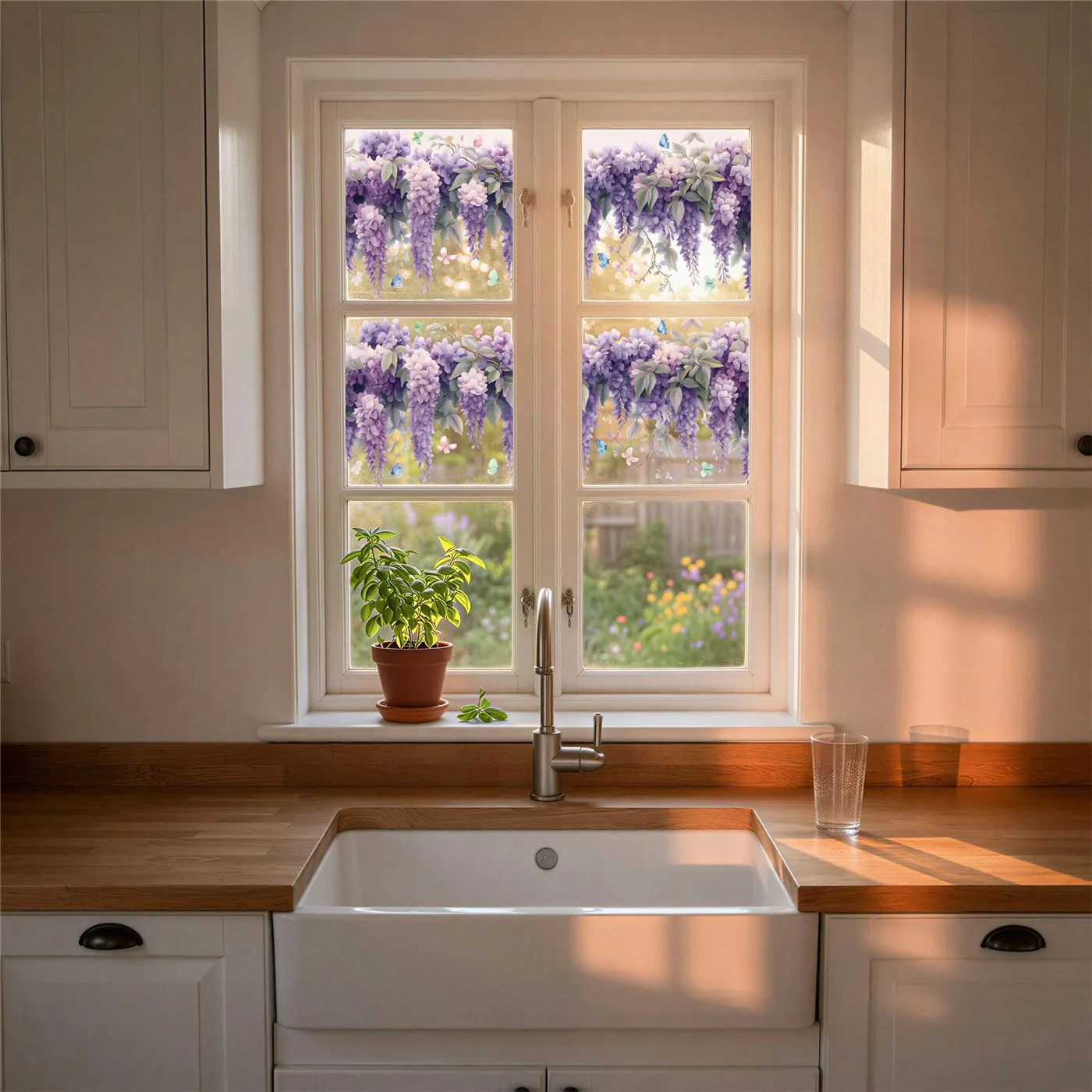 Hanging Wisteria Window Cling 24×12 in Purple Floral Static Cling Bird Safe