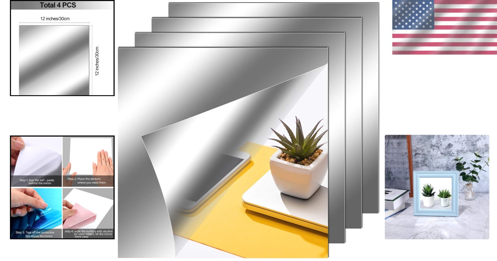 Elegant Self-Adhesive 12×12 Inch Flexible Mirror Sheets – 4 Pack for Home Decor