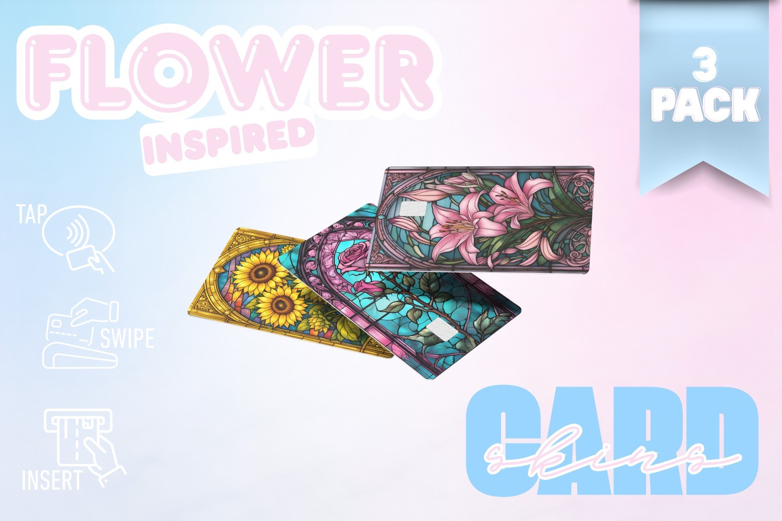 3‑Pack Flower Inspired Card Skins –Vinyl Credit & Debit Card Covers | Durable