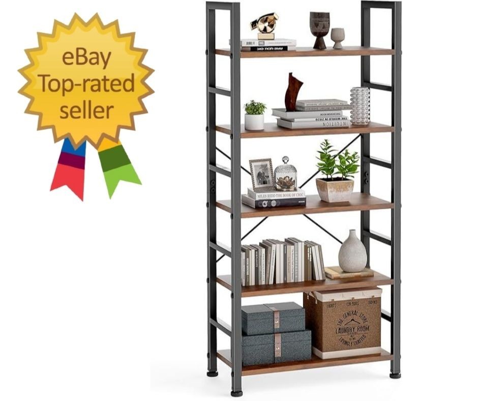 5 Tier Bookshelf – Rustic Brown Storage Organizer Display