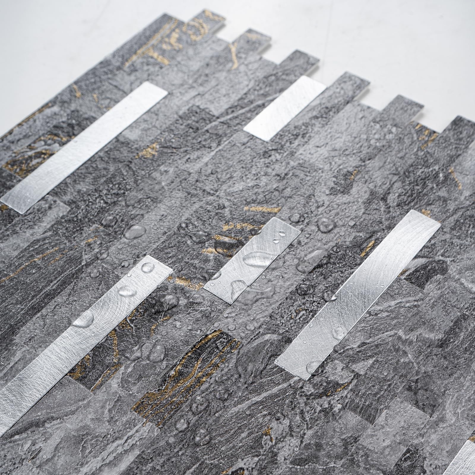 20 Sheets Peel and Stick Backsplash for Kitchen, Gray-Gold Stone with Metal S…