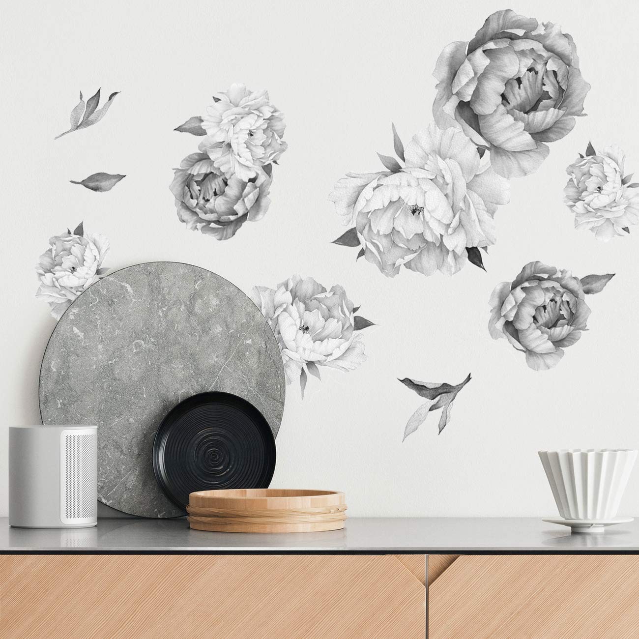 Peony Watercolor Wall Decals (Black and White Watercolor) – Flowers Decals for W