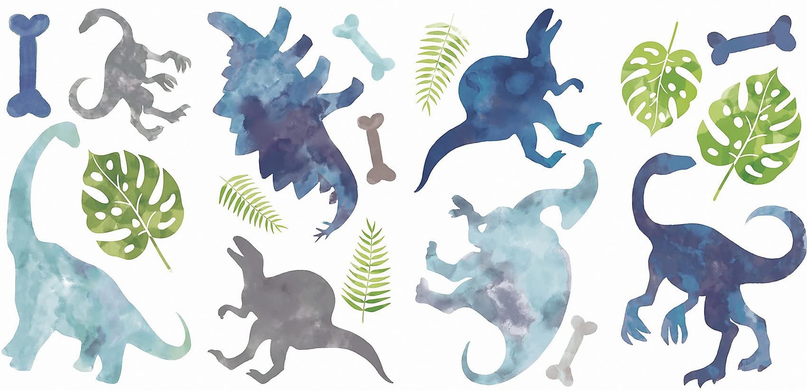 RMK4101SCS Watercolor Dinosaur Peel and Stick Wall Decals,Blue, Green, Gray