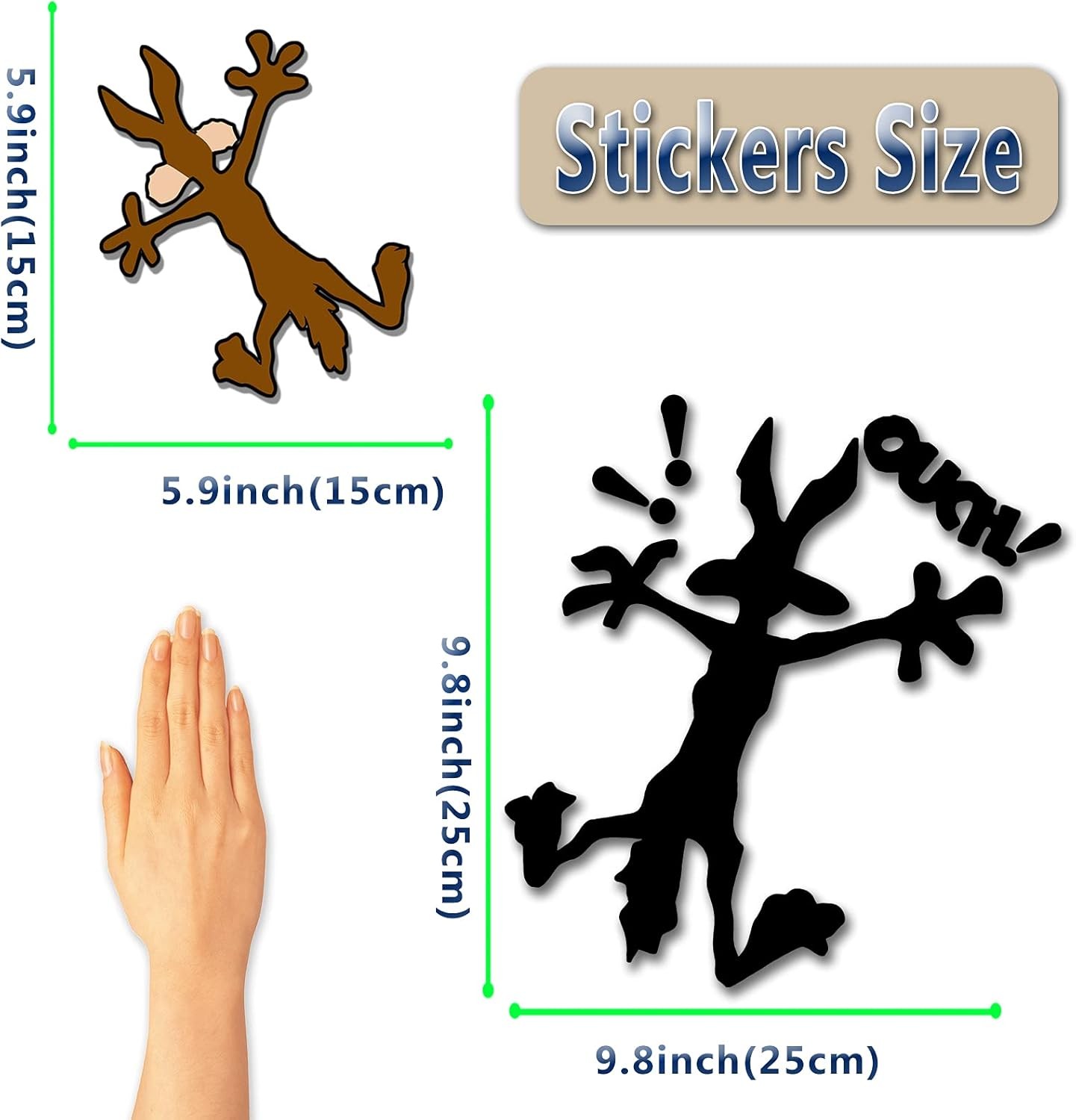 2 Pcs 9.8" 5.9" Reflective Dent Fix Car Decal, Cartoon Coyote Splat Hitting Wall