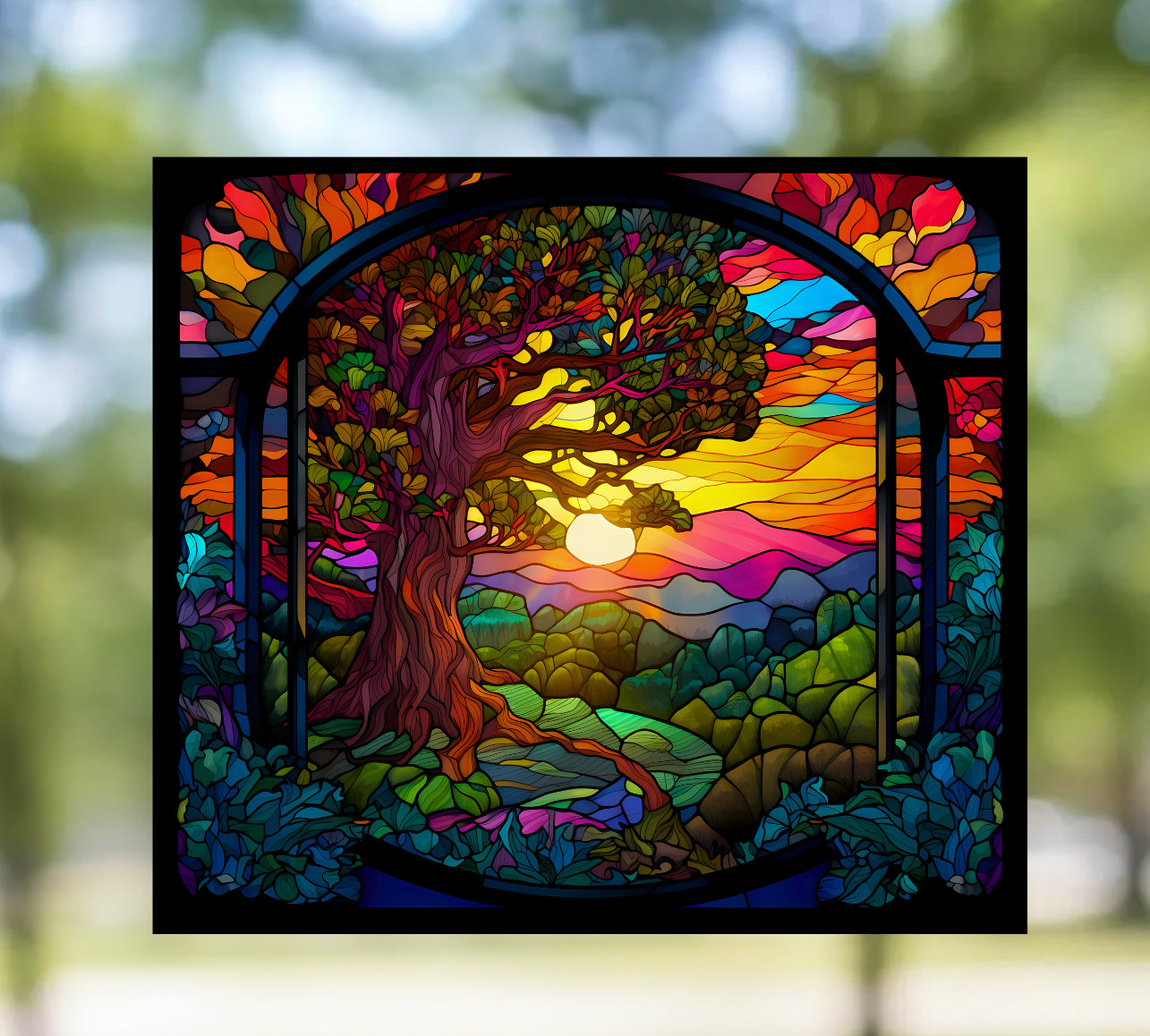 Tree at Sunset Faux Stained-Glass WINDOW CLING Size 9" Repositionable Vinyl