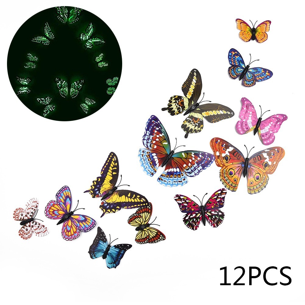 12Pcs – 3D/Luminous Butterfly Wall Stickers Double Layer Decals Home Art/ Decor