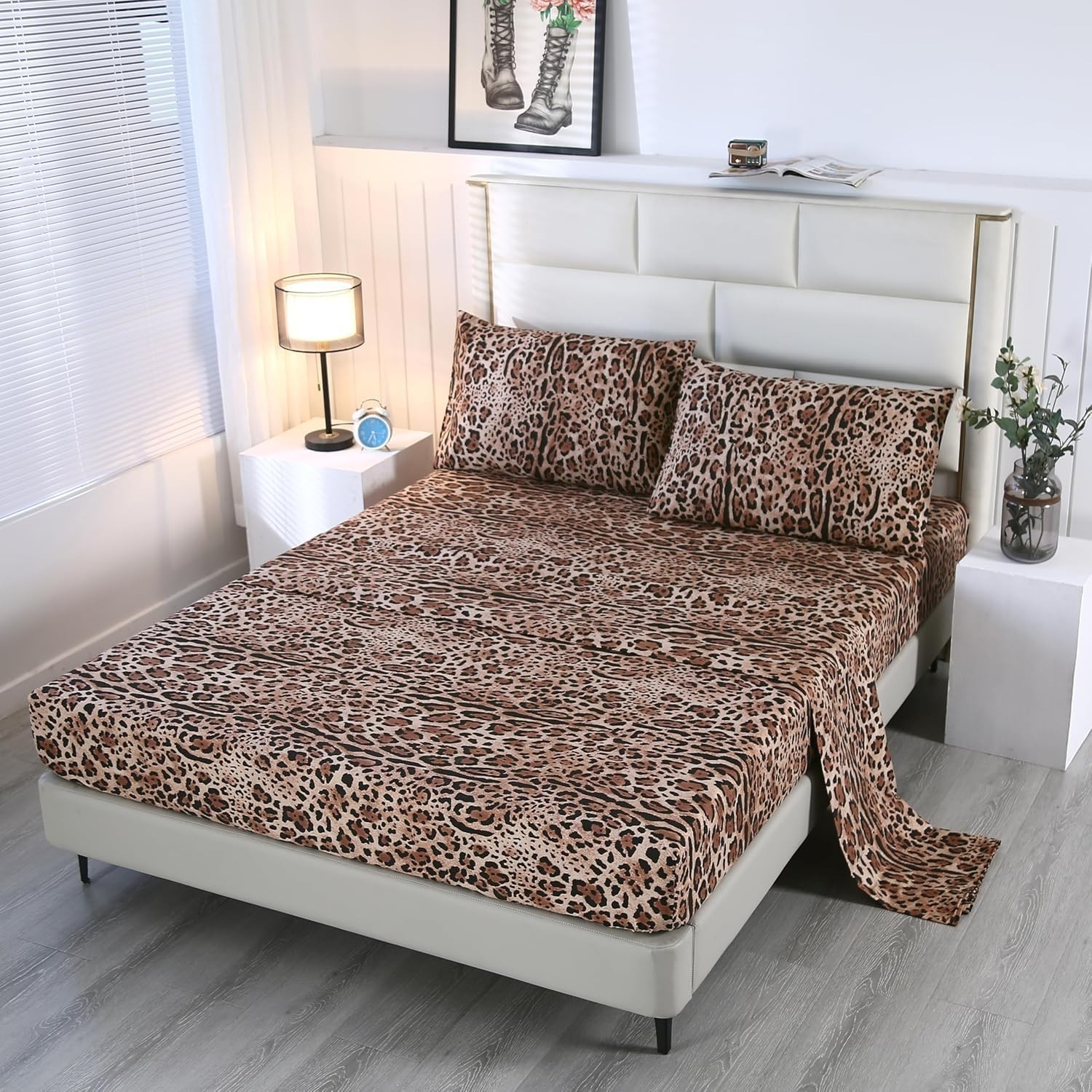 SDY 4PCS Cheetah Bedding Sheets Full Leopard Print Sheet Set Included 1 Fitte…