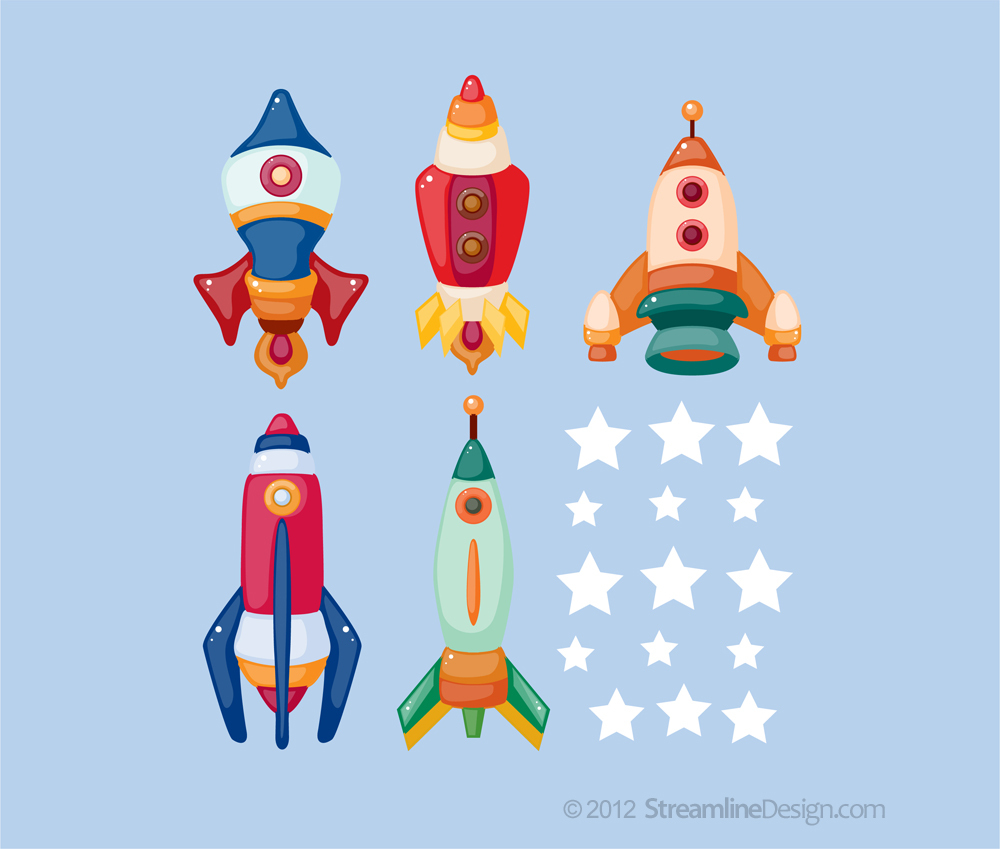 Printed Rockets with Stars Removable Matte Vinyl Wall Art – Set One outer space
