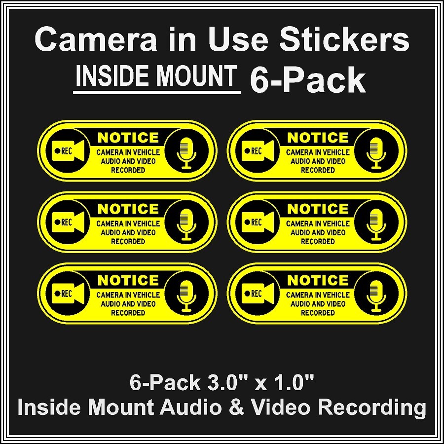 Camera in Car Recording Video 6-Pack INSIDE MOUNT Decals Black Yellow 3" x 1"