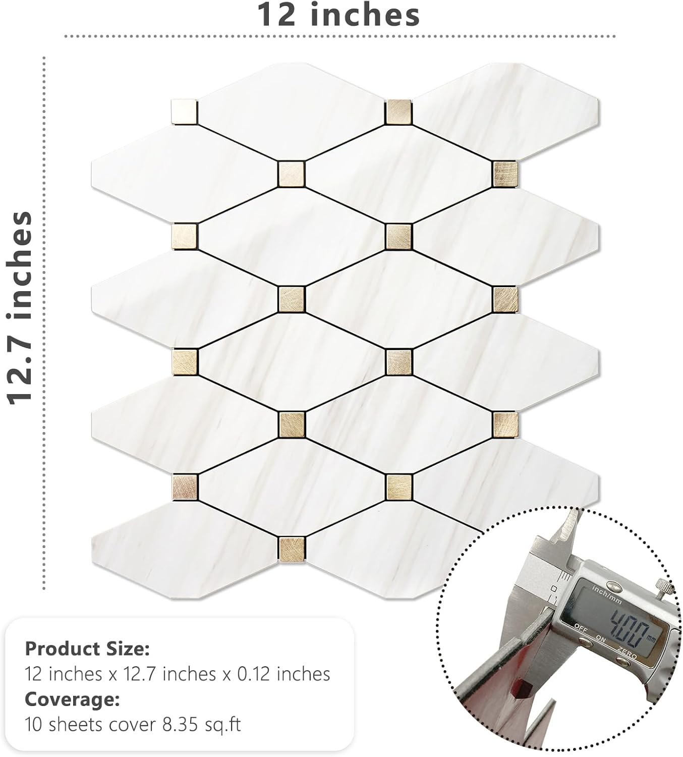 10 Sheet Peel Stick Backsplash Polished Dolomite PVC Mixed Metal Gold Backsplash