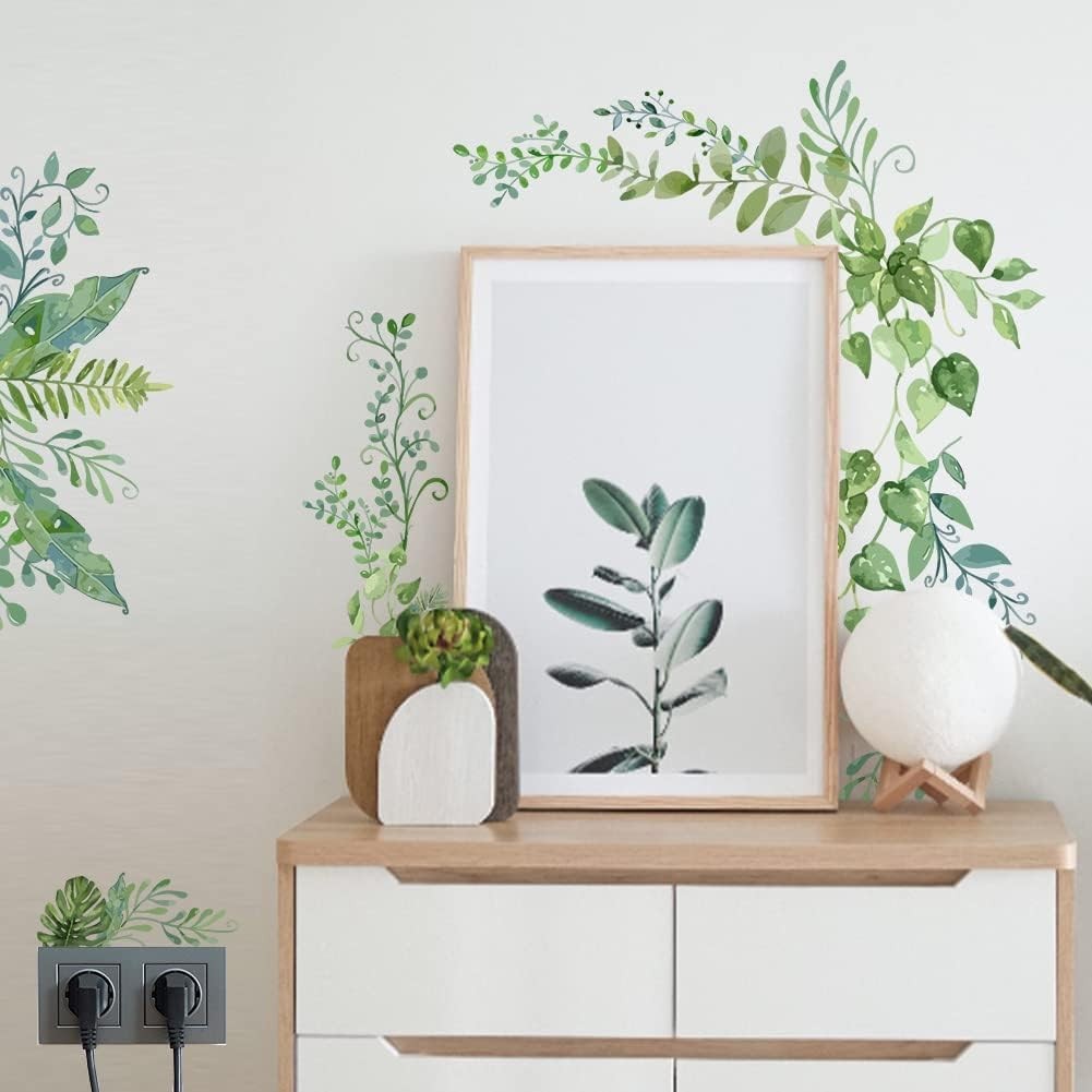 Green Plants Wall Decals 2 Sheets Vinyl Leaves Vines Removable Wall Sticker