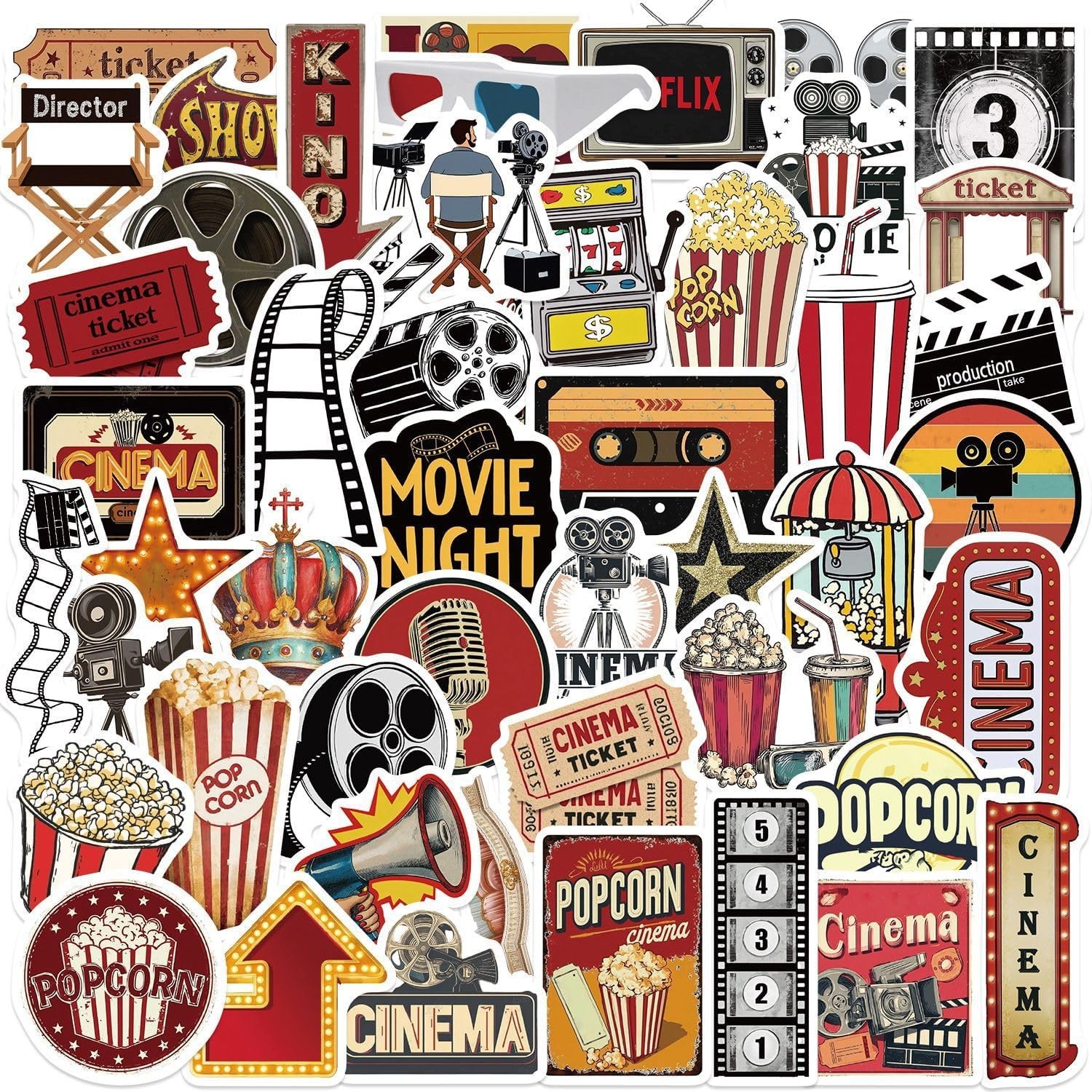50PCS Movie Night Stickers Retro Cinema Vinyl Decals for Phone Laptop