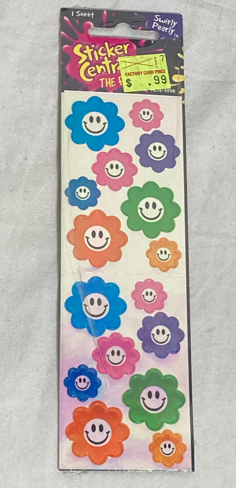 Vntg Happy Smiley Flower Face Adhesive Craft Stickers 1" H. 1 Sheet