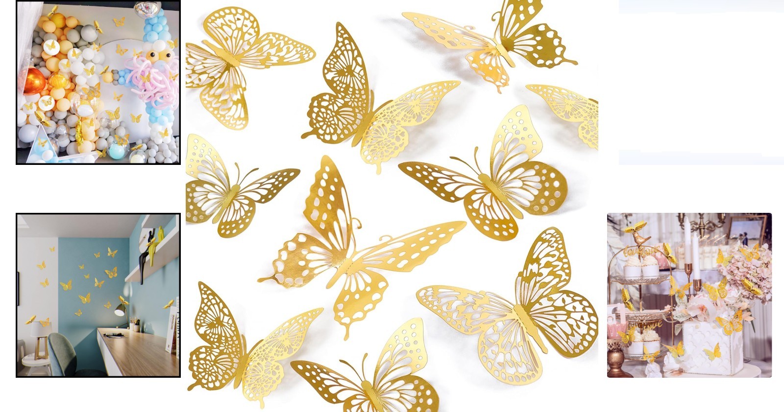 3D Butterfly Wall Decor Set 48 pcs Gold Stickers Removable Indoor Wallpaper