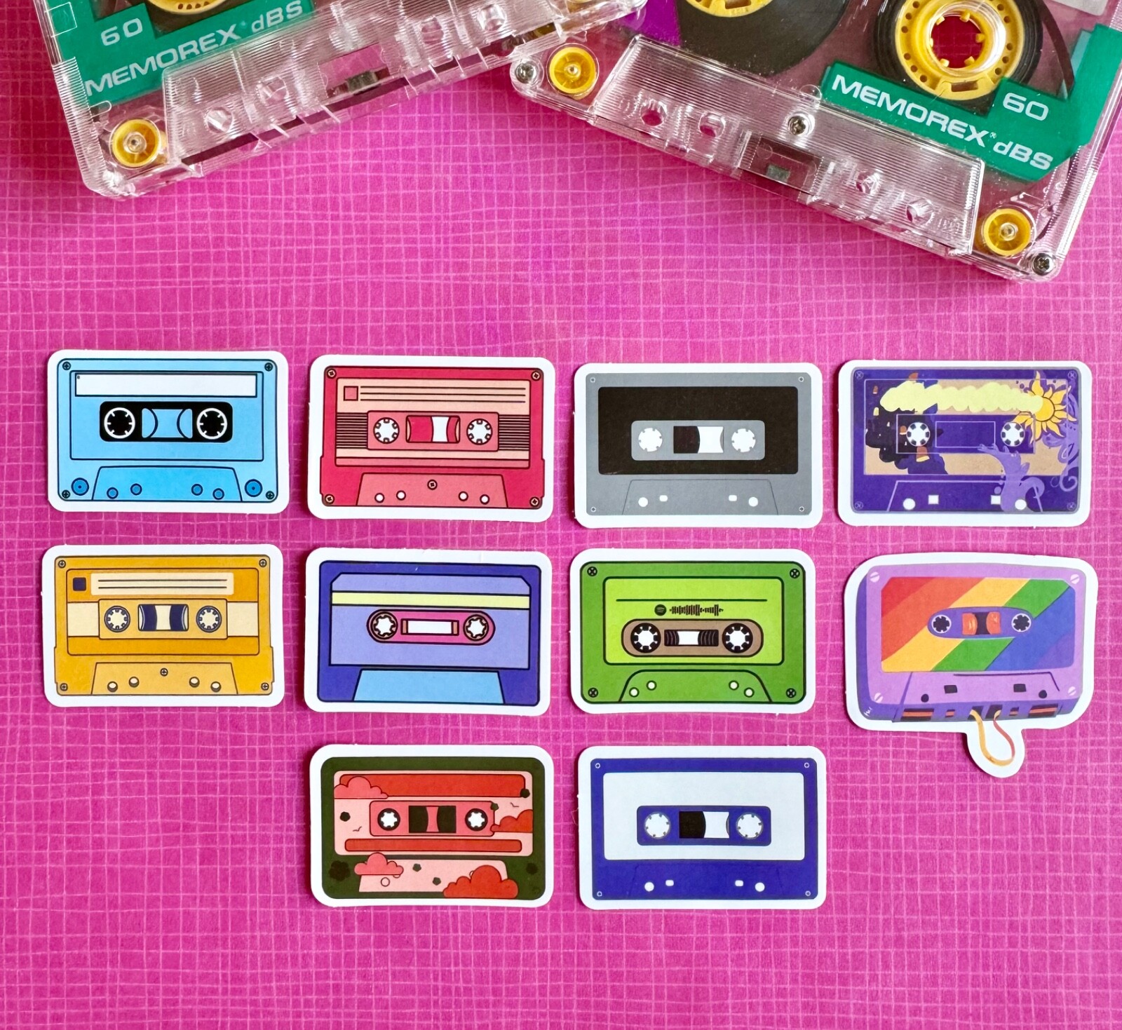 New 80s Style Mini Cassette Tape Waterproof Stickers Set of 10 – 1.75” x 1.25”