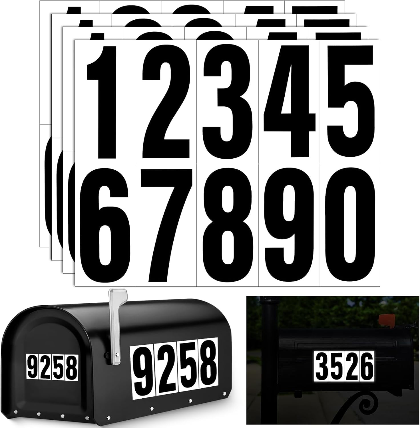 Reflective Number Stickers, 4 Sets 4 Inch Vinyl Waterproof Black Mailbox Numbers