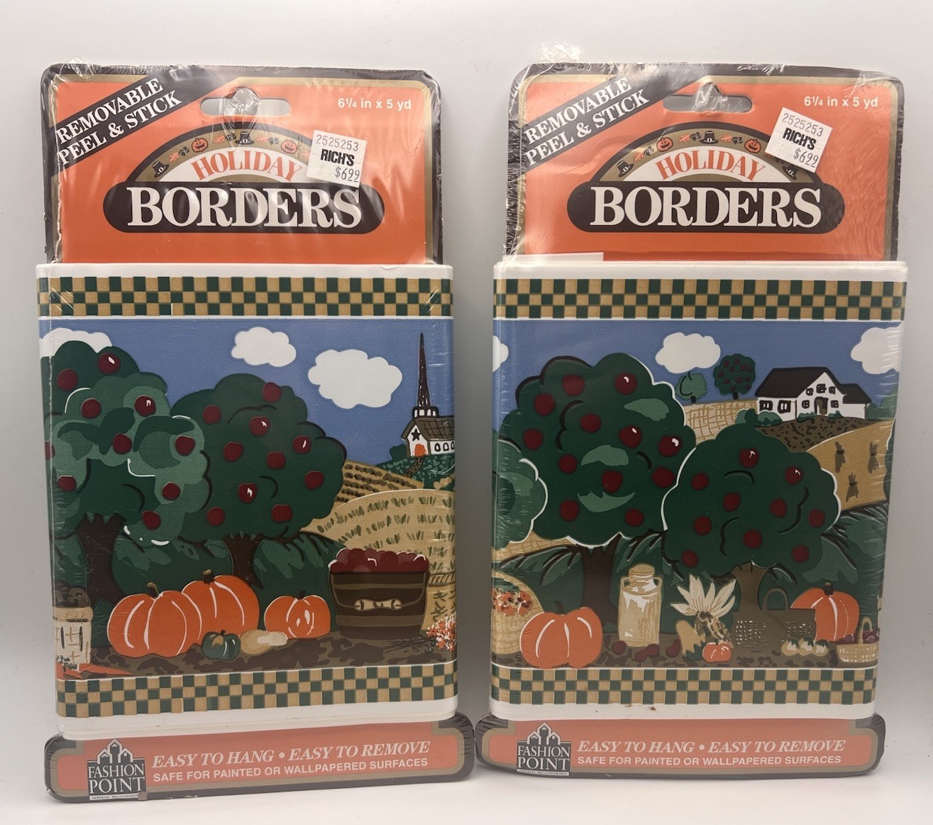 Vtg Deadstock Fashion Point Holiday Borders Fall Town Peel& Stick Lot Of 2
