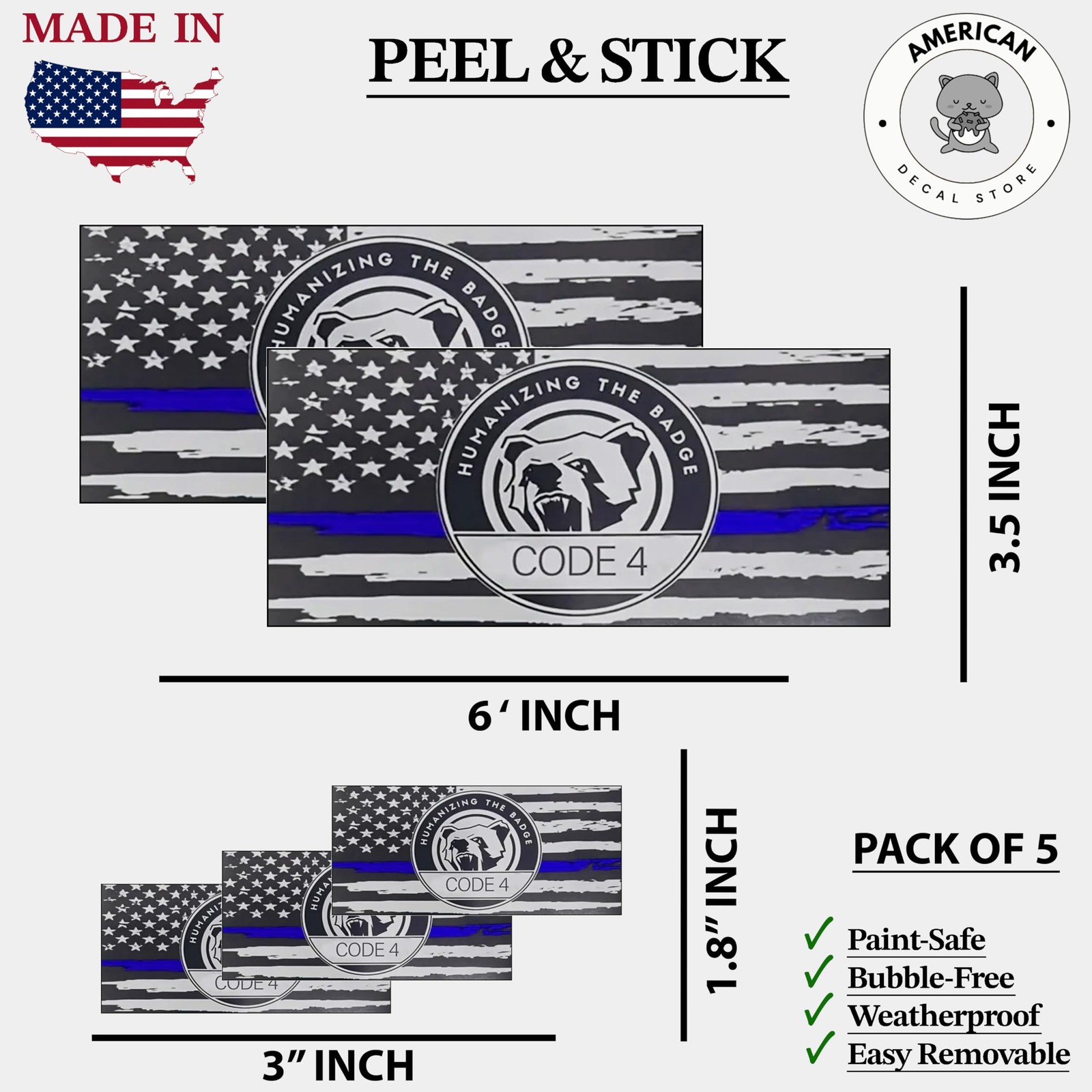 Thin Blue Line Flag Sticker, 5-Pack: 2 Large (6" x 3.5") & 3 Small (3" x 1.8"…