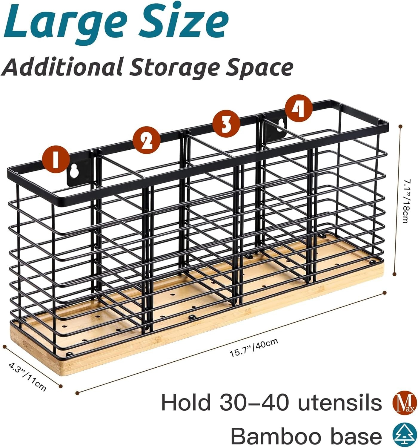 Extra Large Kitchen Utensil Holder with 4 Compartments，Matte Black Metal holder