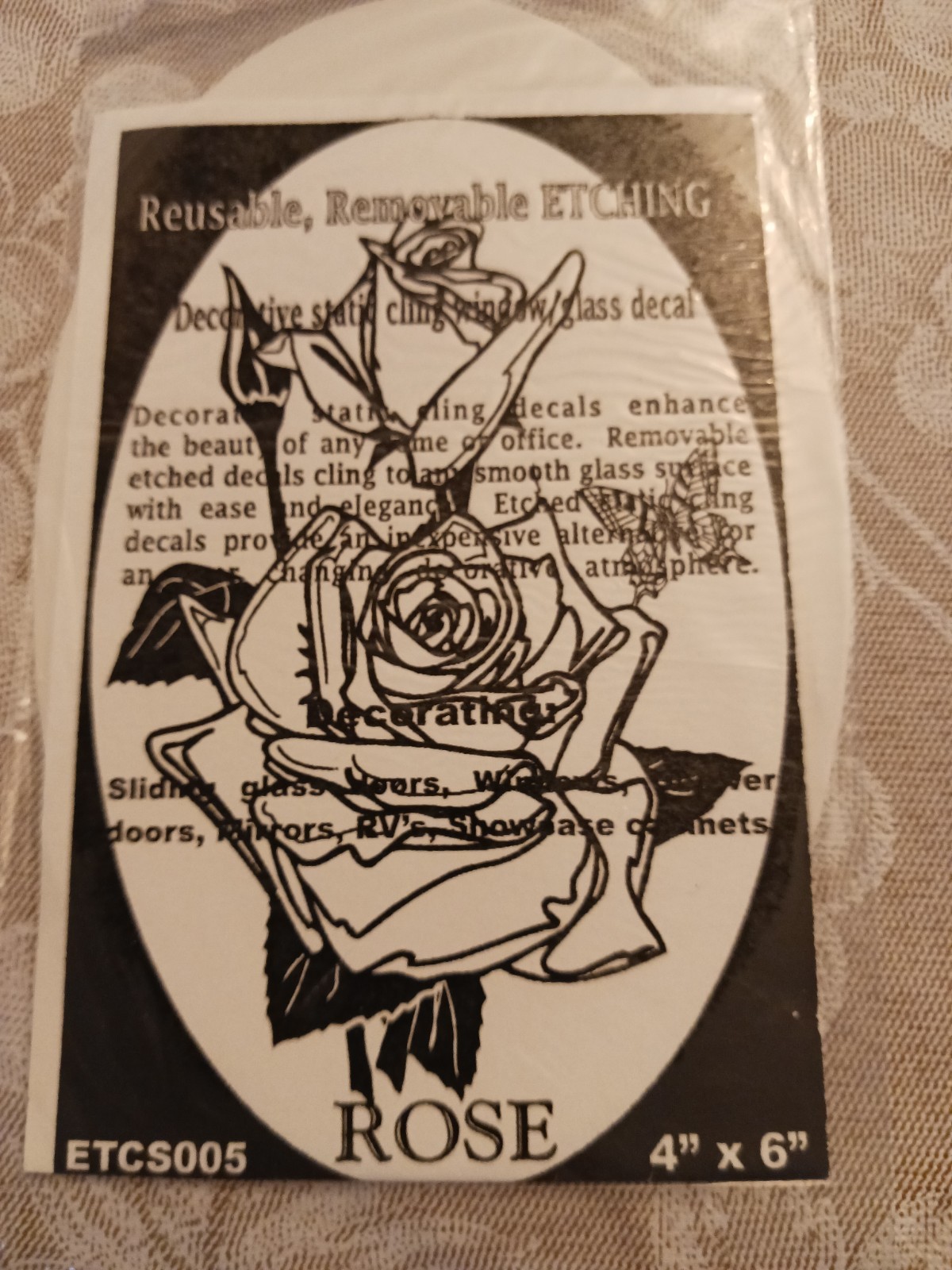 Rose Window Decal 4"x6" OVAL Etched Glass Look Cling Removable & Reusable 5