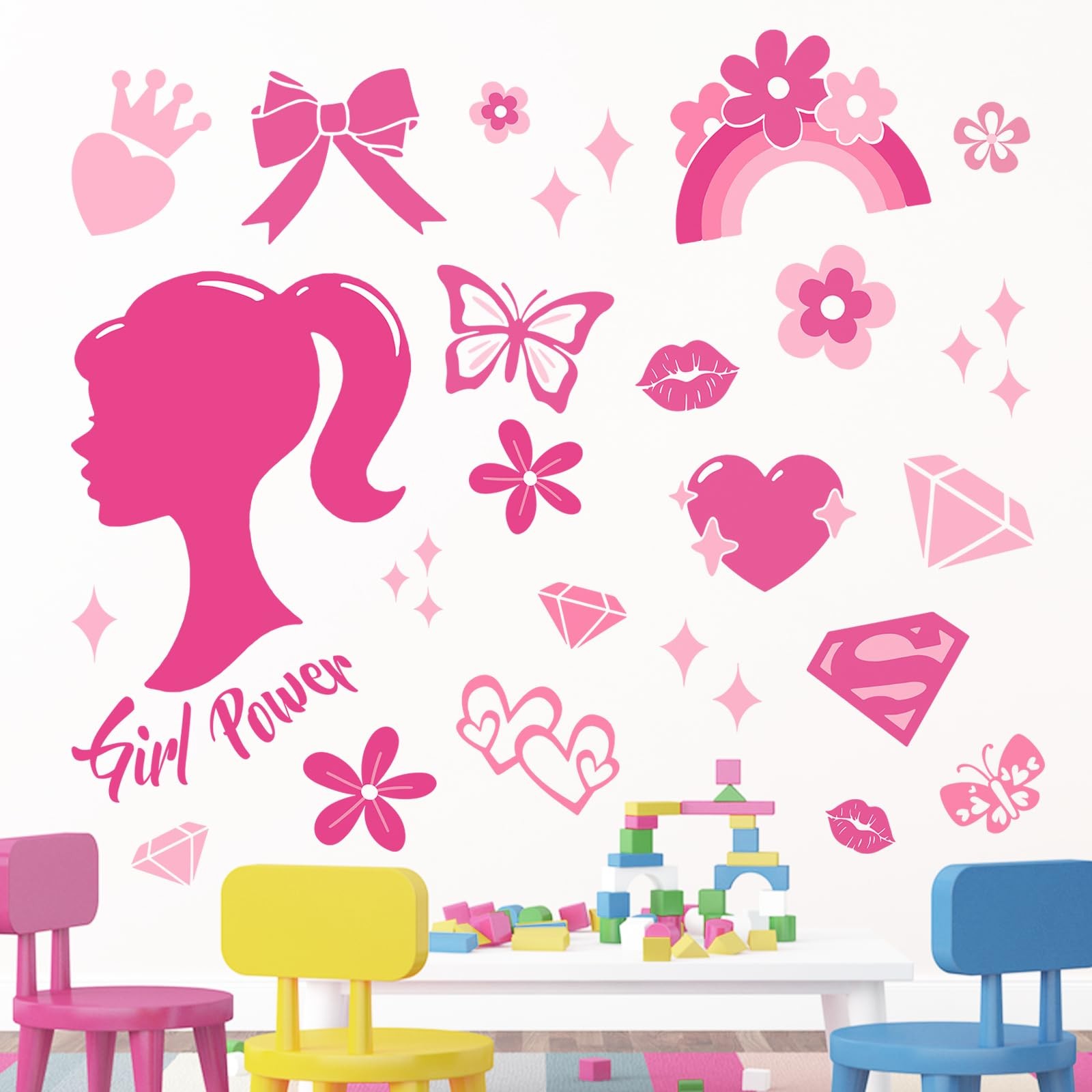 Pink Girl Power Wall Decals Stickers, Inspirational Rainbow Bow-Knot
