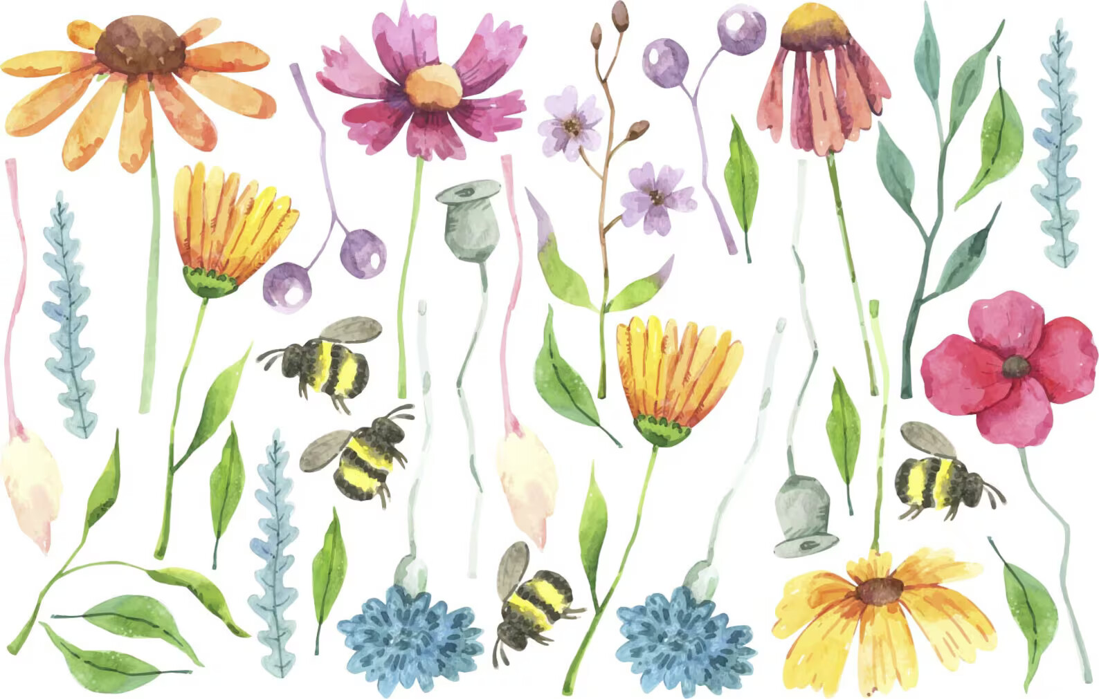 Watercolor Field Flowers Wall Decals Nursery Bee Floral Leaves Stickers LF534