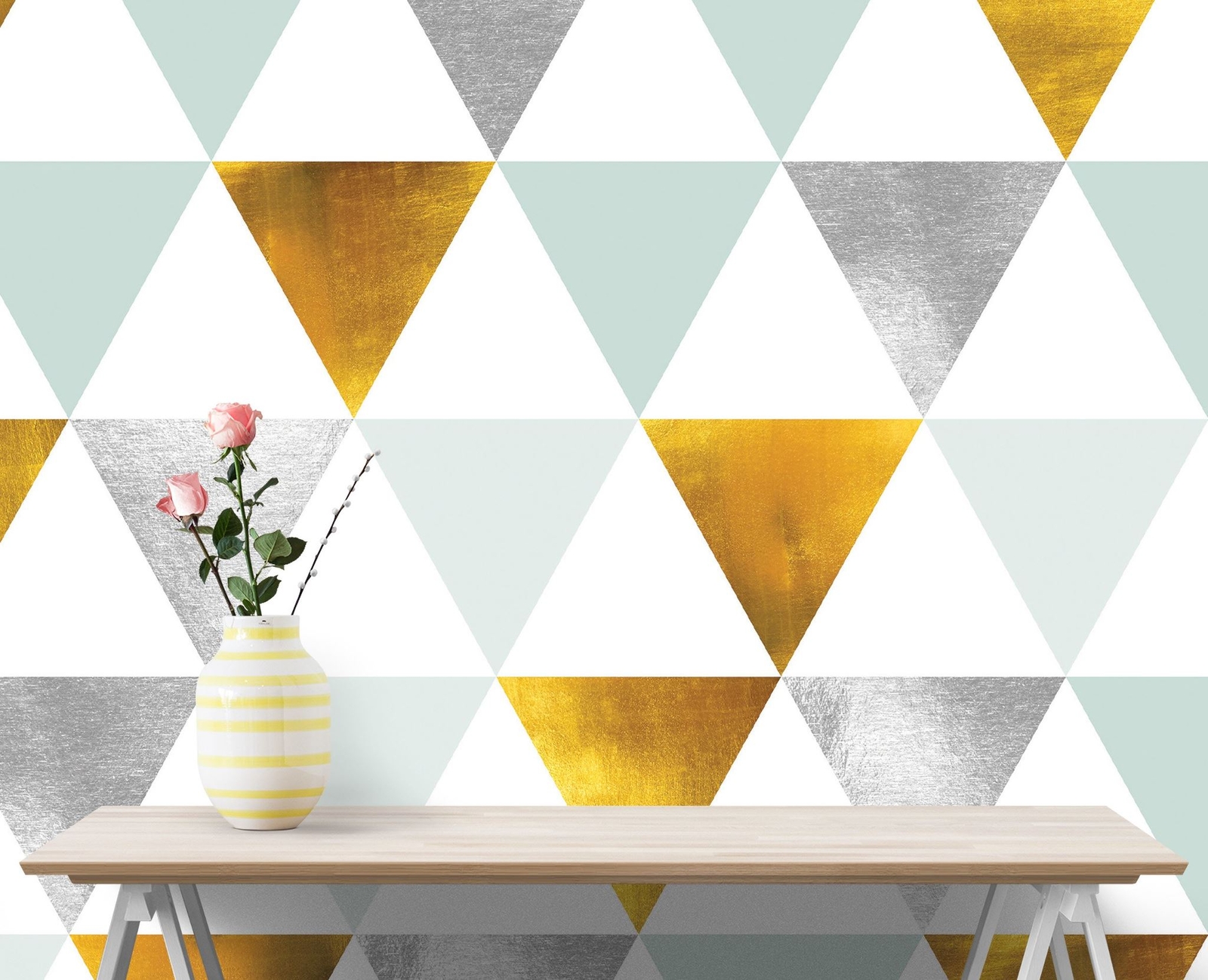 Triangle Geometric Abstract Pattern Wall Mural. Gold, Silver, Teal, Turquoise an
