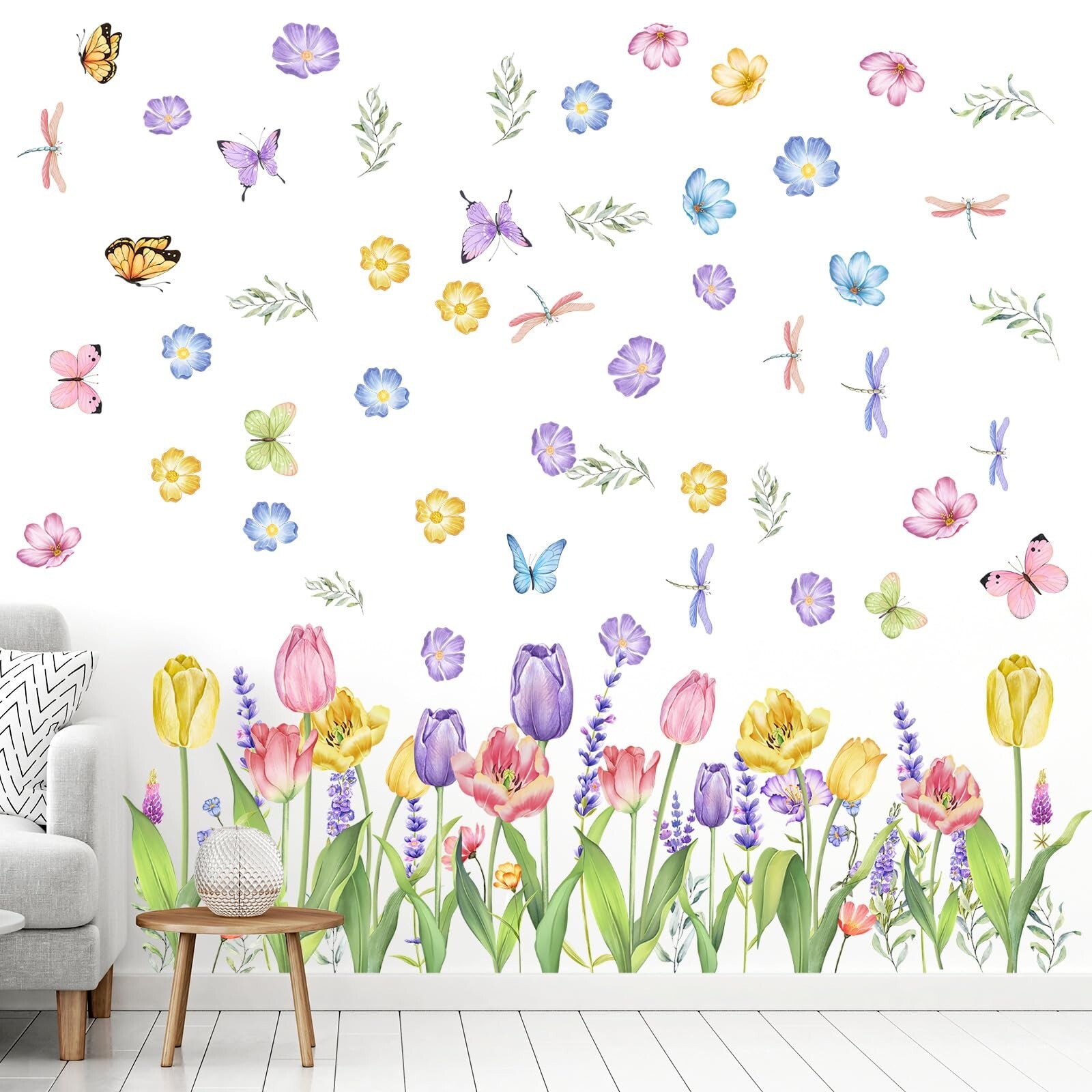 Eersida 6 Sheets Spring Wall Stickers Flower Decals Lavender Tulip Butterfly …