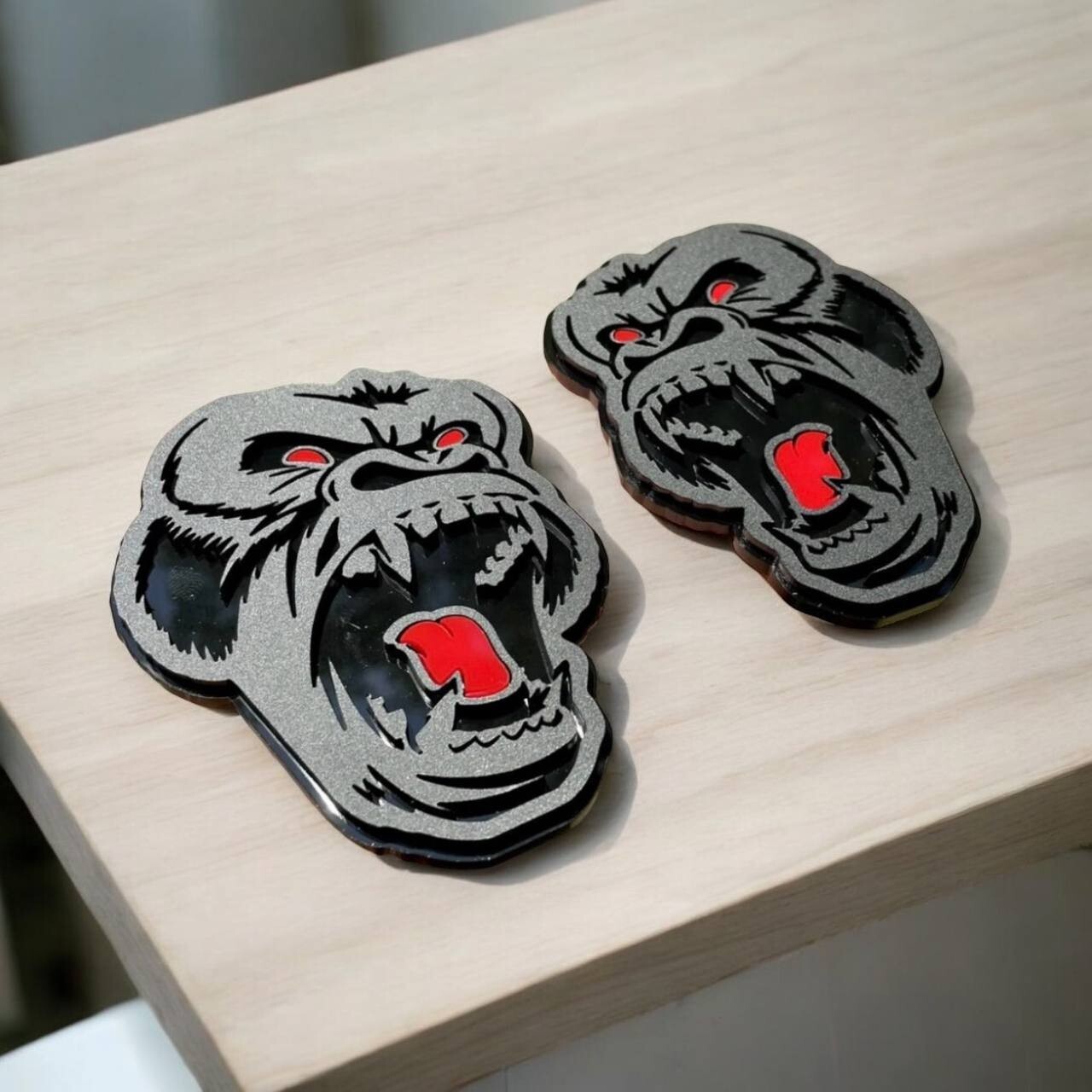 Angry Gorilla Red Eye Car Truck Emblem Badge Matte Black on Black Custom PK of 2