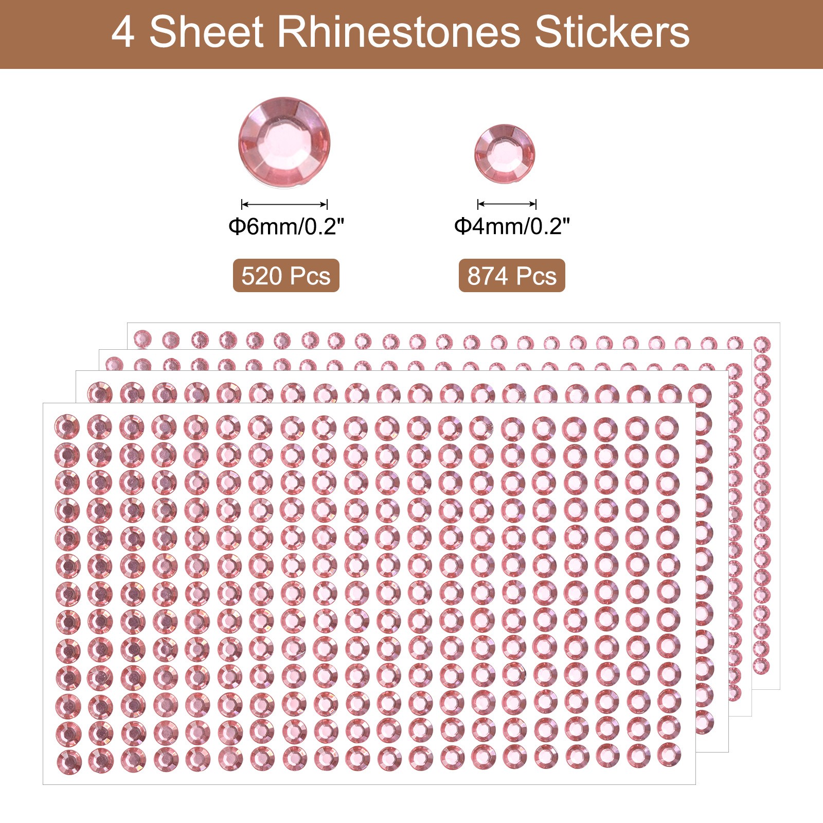 1394Pcs 4mm/6mm Self-Adhesive Rhinestone Stickers for Craft 4 Sheet Pink