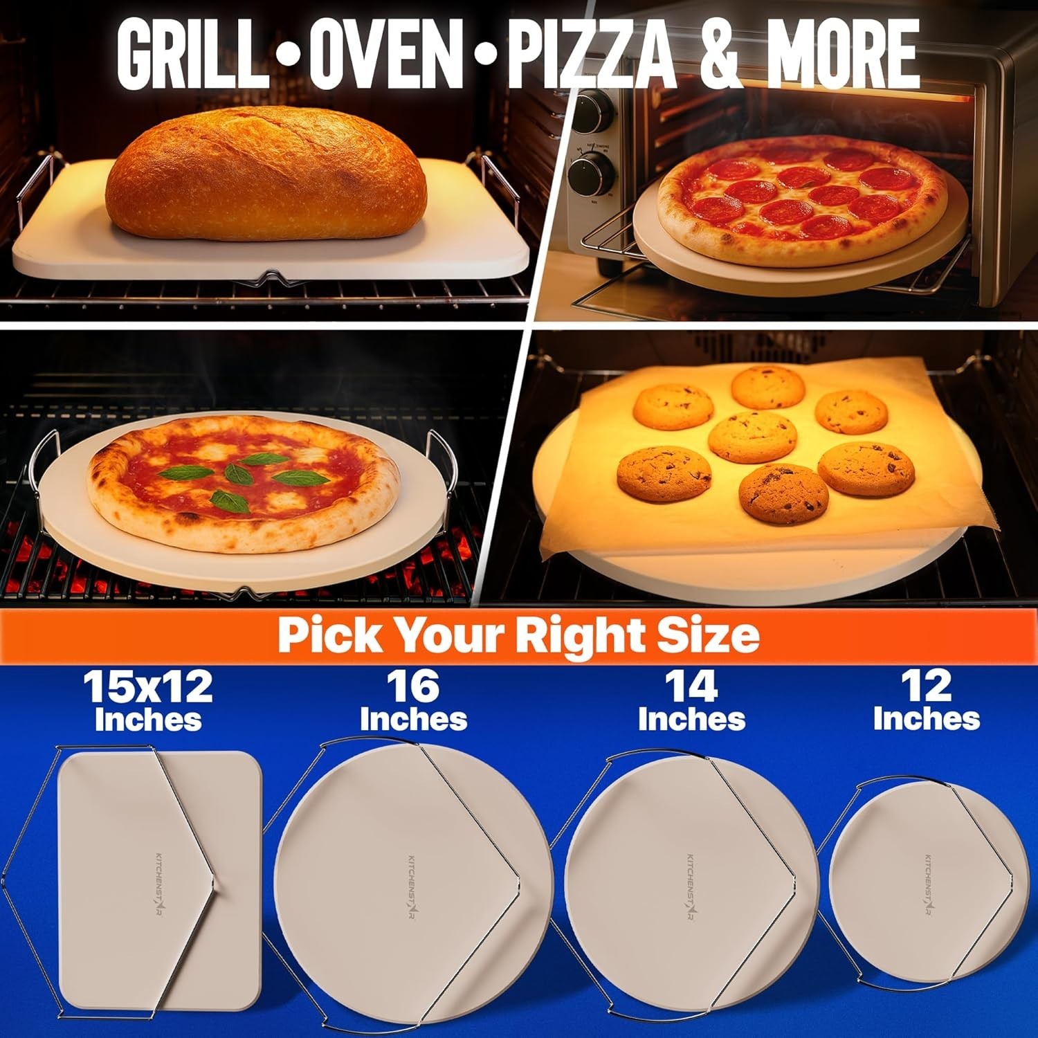 16-Inch Pizza Stone for Oven and BBQ Grill with Handles, Round, 5/8" Thick – Nat