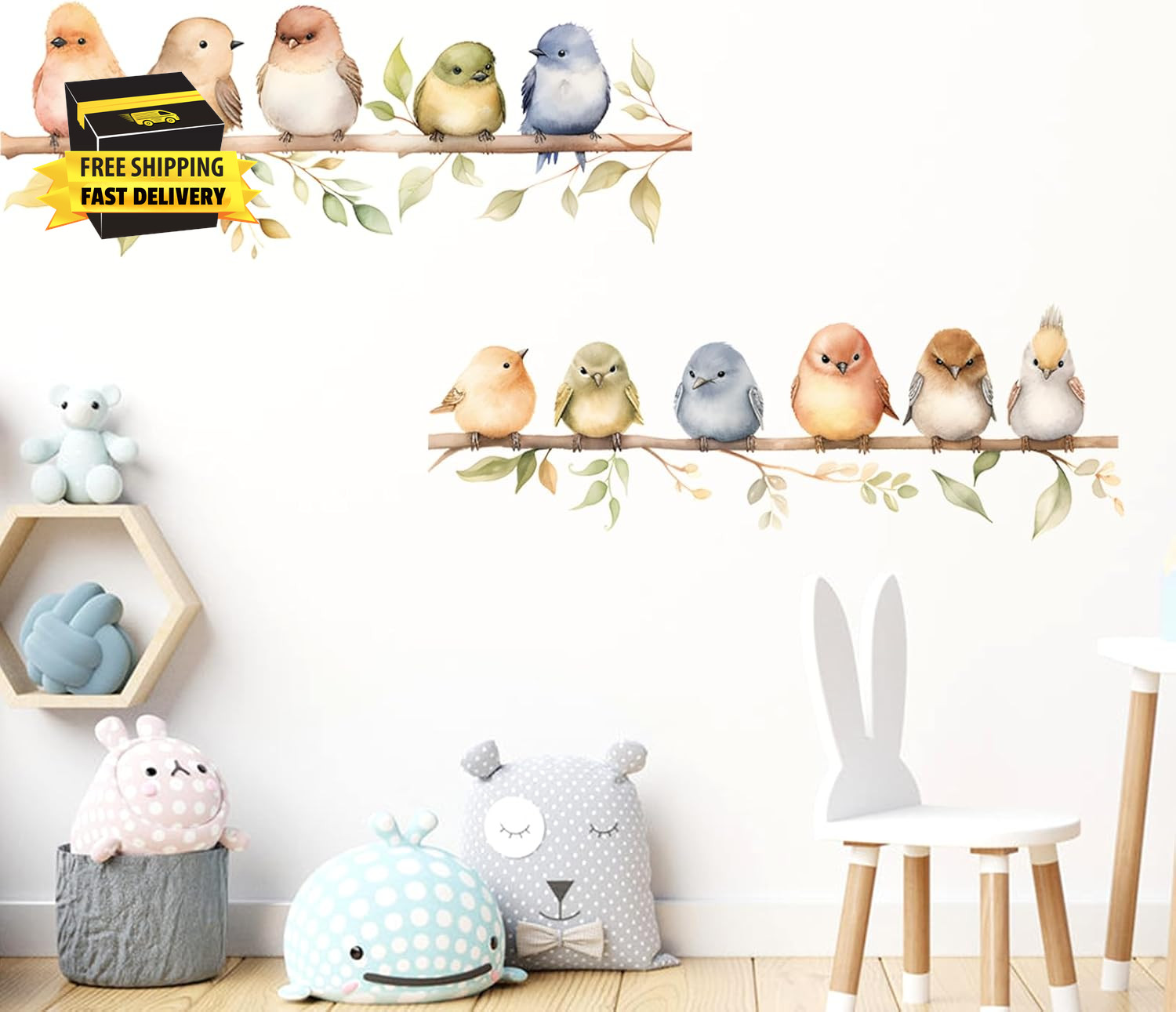 Colorful Bird on the Branch Wall Stickers, Peel and Stick Creative Bird Wall Dec