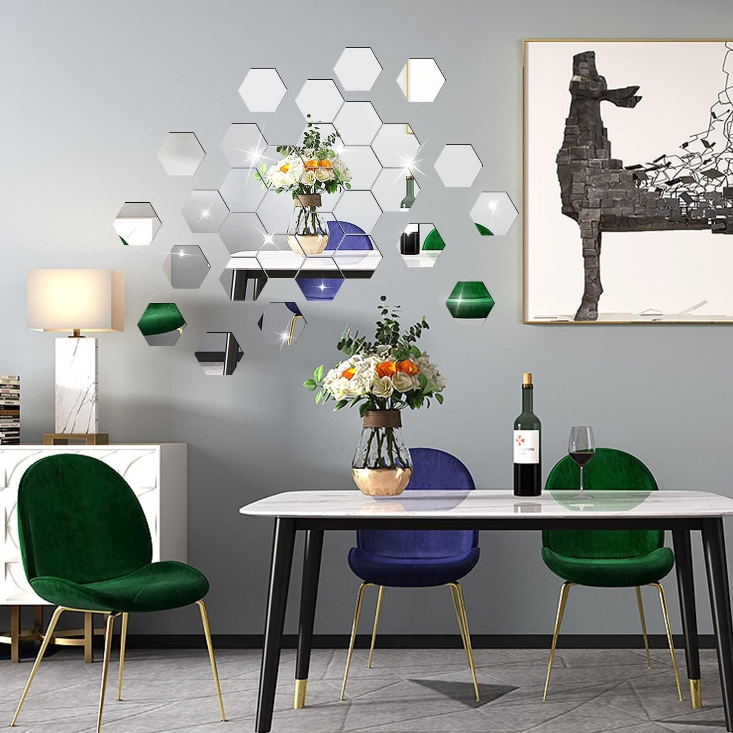 24Pcs Large Hexagonal Mirror Wall Stickers Boho Living Room Background Wall Art