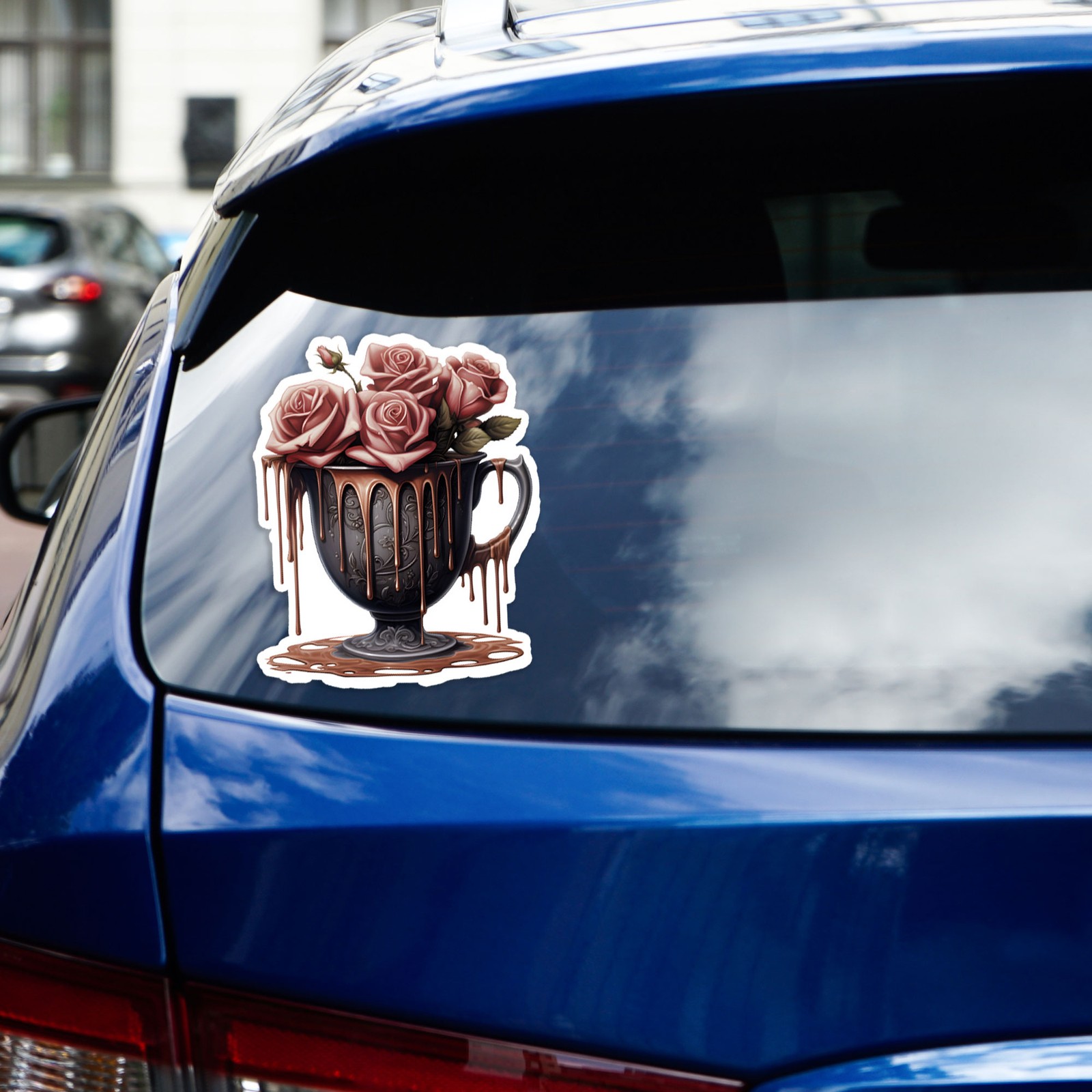 Pink Rose Dripping Latte Cup – Vinyl Decal Sticker – Car Window Laptop – #1986