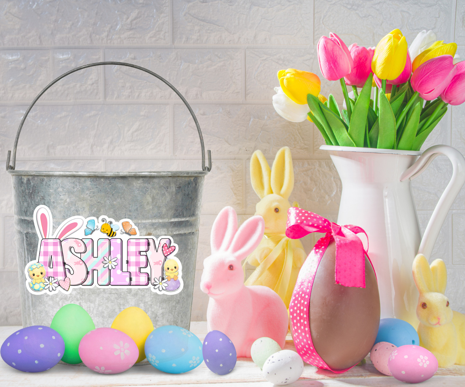 Personalized Easter Bunny Name Sticker, Cute Spring Vinyl Decal, Basket Tag Gift