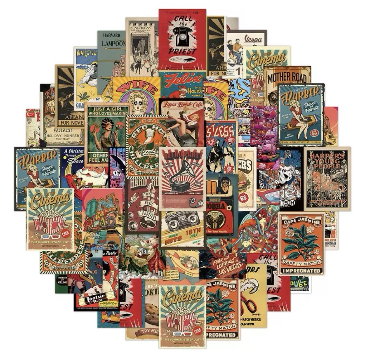 Retro Vintage Style Stickers 50pk Matte Classic Poster Stickers FREE SHIPPING